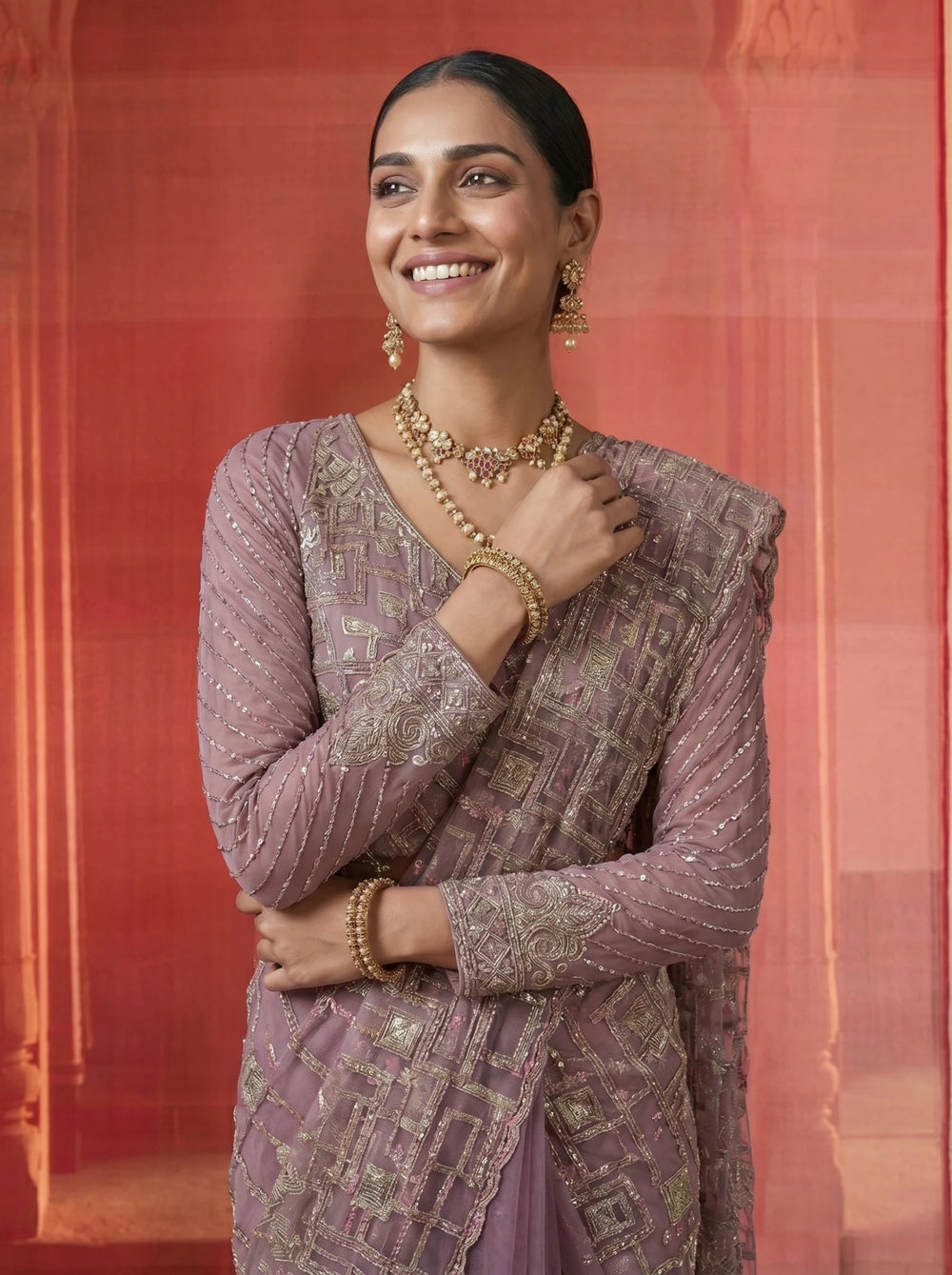 Premium Lavender Mauve Net Saree With Geometric Sequin Beads Work - Zimonza