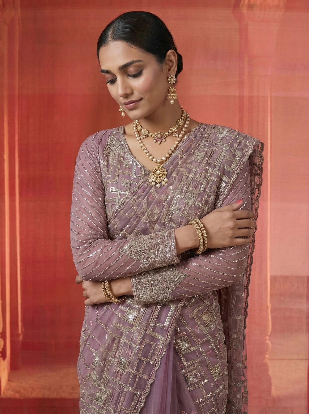 Premium Lavender Mauve Net Saree With Geometric Sequin Beads Work - Zimonza
