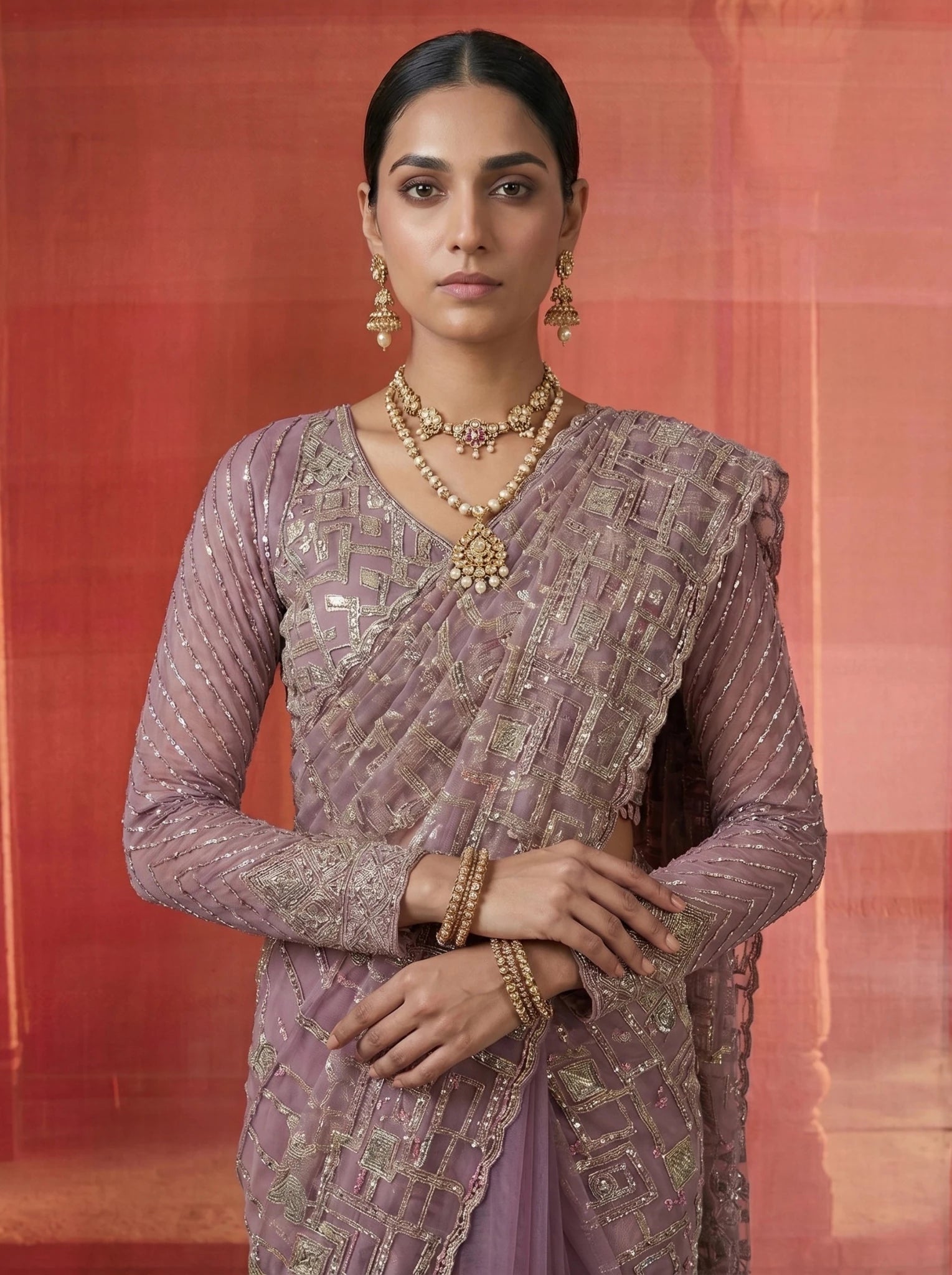 Premium Lavender Mauve Net Saree With Geometric Sequin Beads Work - Zimonza