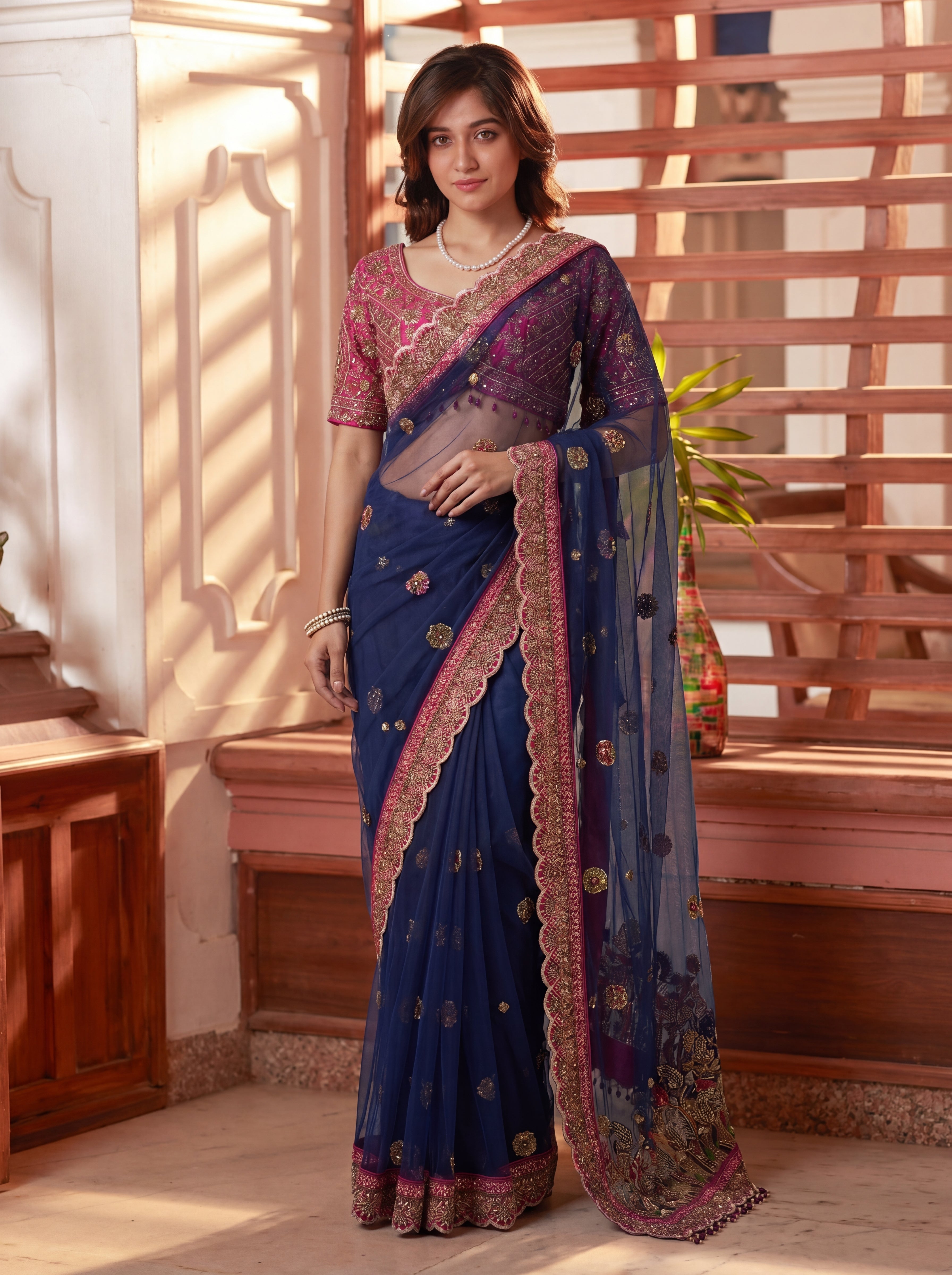 Royal Navy Blue Net Saree with Intricate Sequins, Mirror Work, Embroidery, Cording & Handcrafted Border Detailing