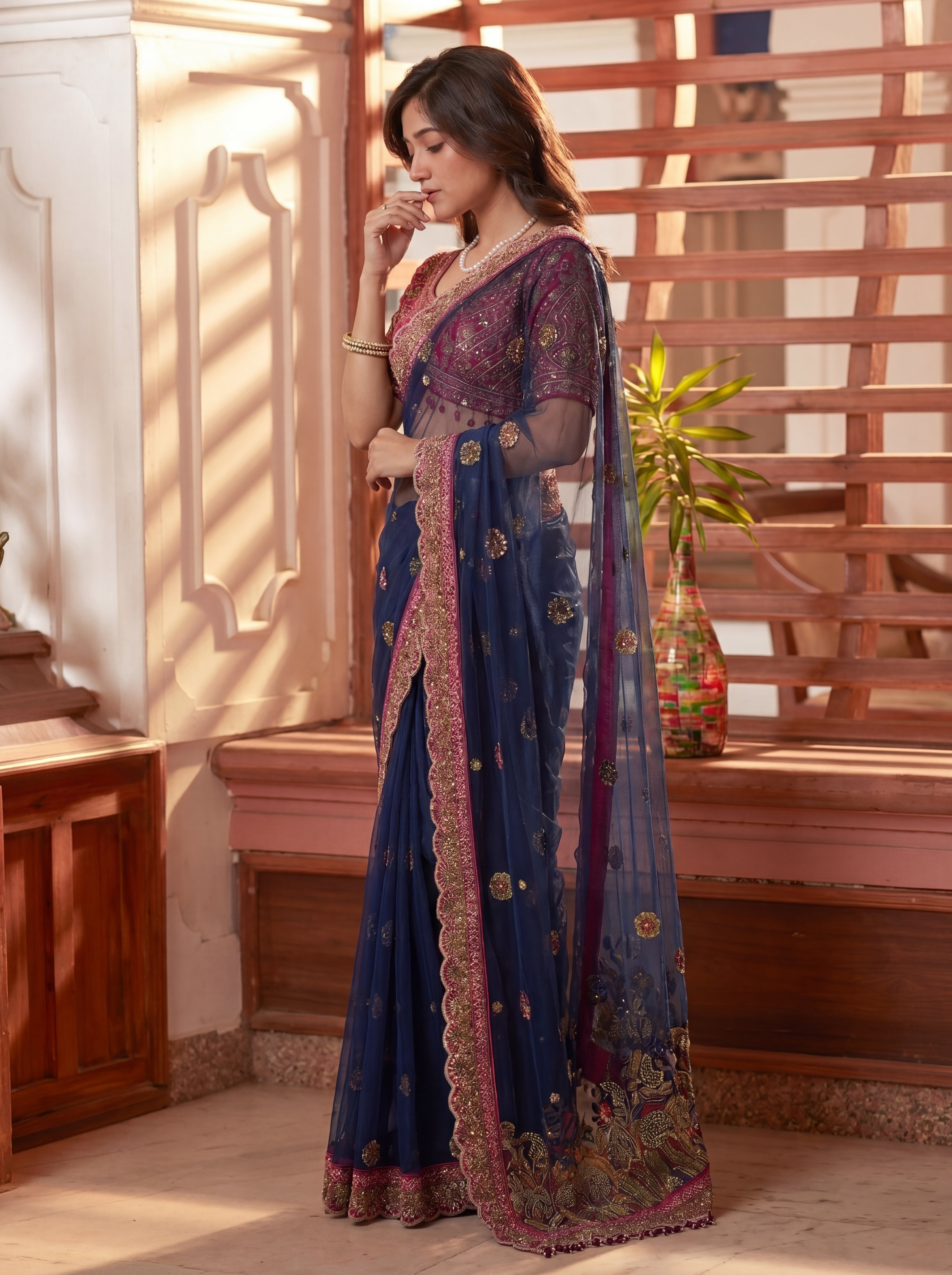 Royal Navy Blue Net Saree with Intricate Sequins, Mirror Work, Embroidery, Cording & Handcrafted Border Detailing