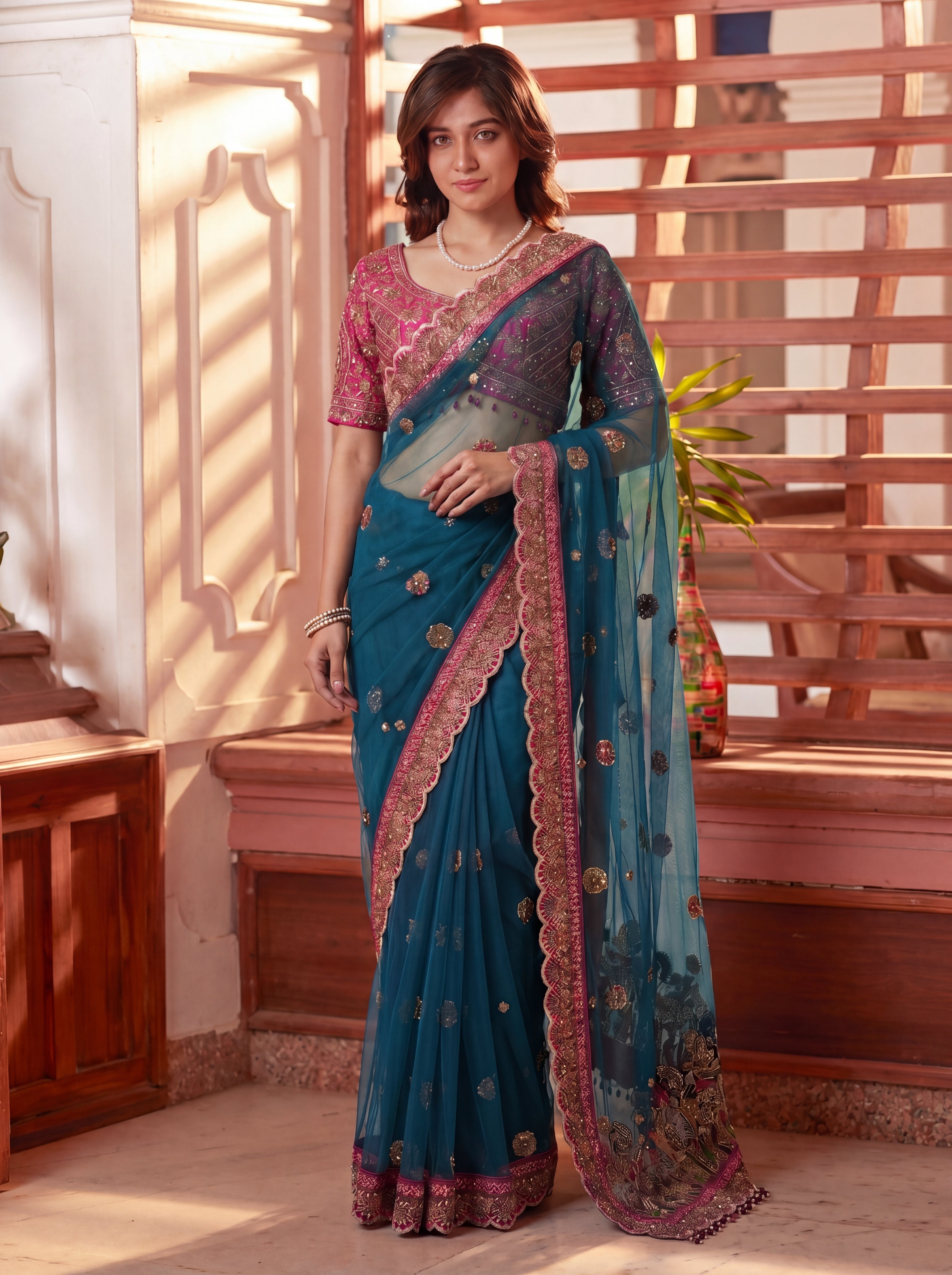 Royal Firozi Net Saree with Intricate Sequins, Mirror Work, Embroidery, Cording & Handcrafted Border Detailing