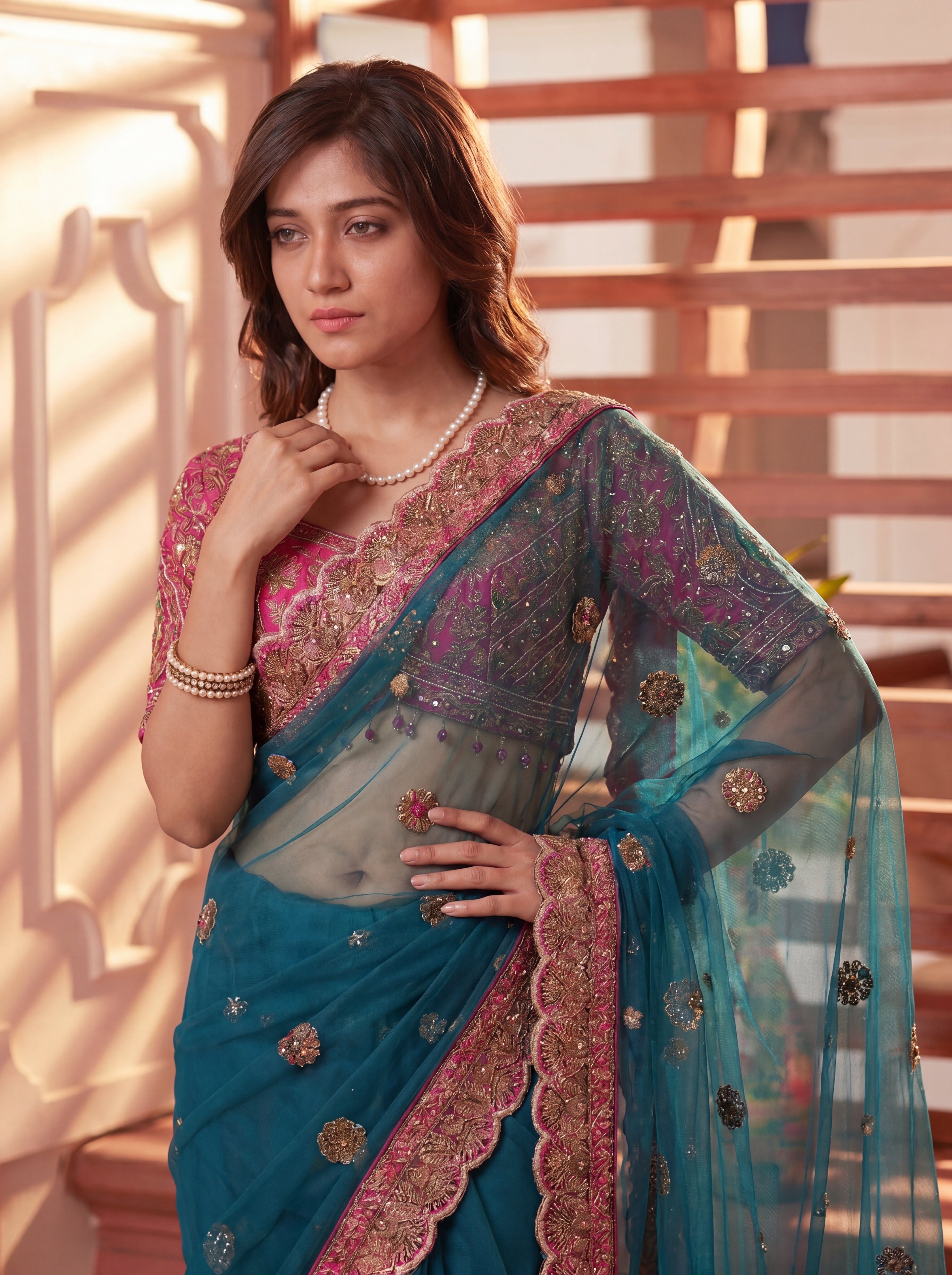 Royal Firozi Net Saree with Intricate Sequins, Mirror Work, Embroidery, Cording & Handcrafted Border Detailing