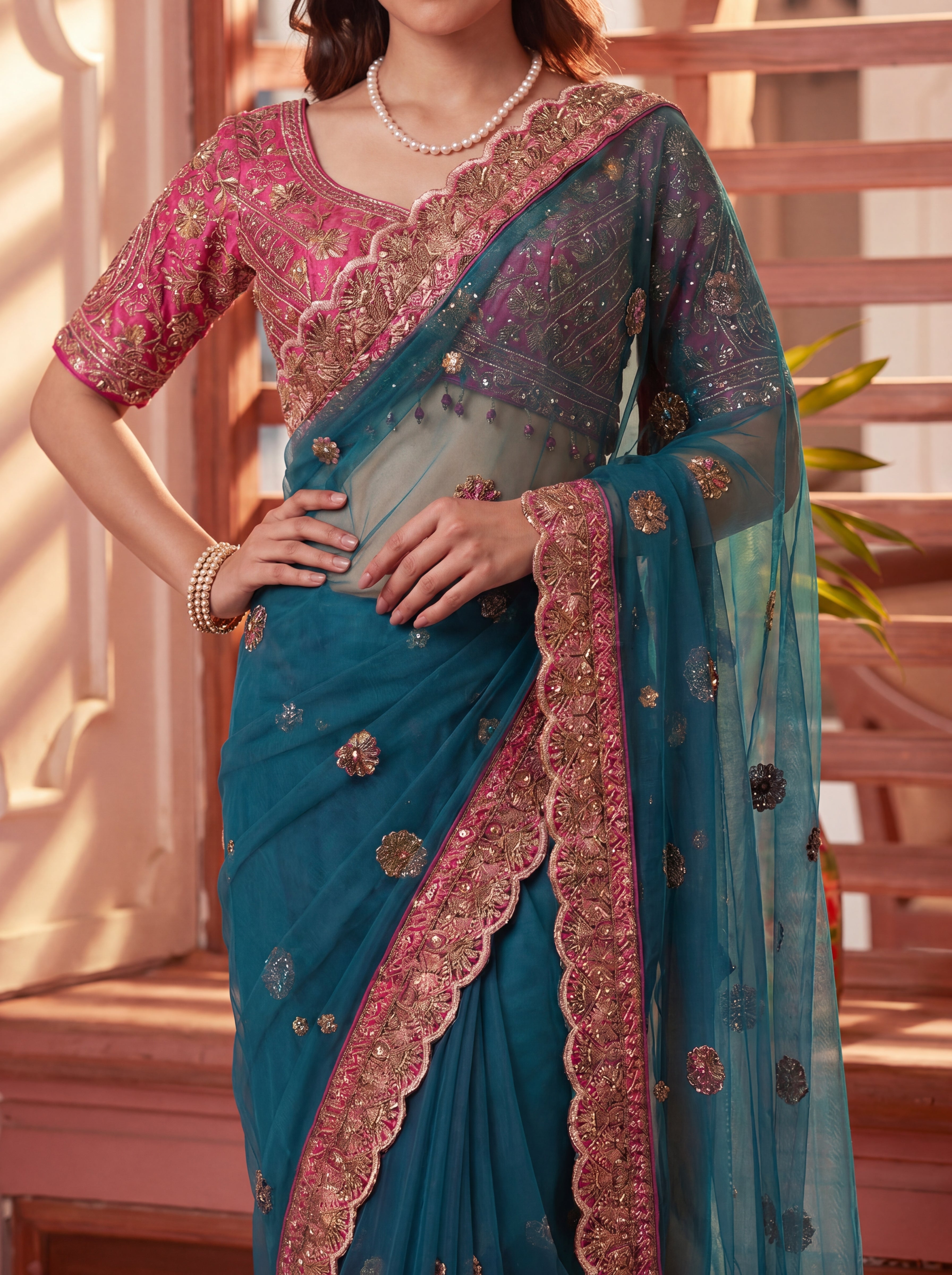 Royal Firozi Net Saree with Intricate Sequins, Mirror Work, Embroidery, Cording & Handcrafted Border Detailing