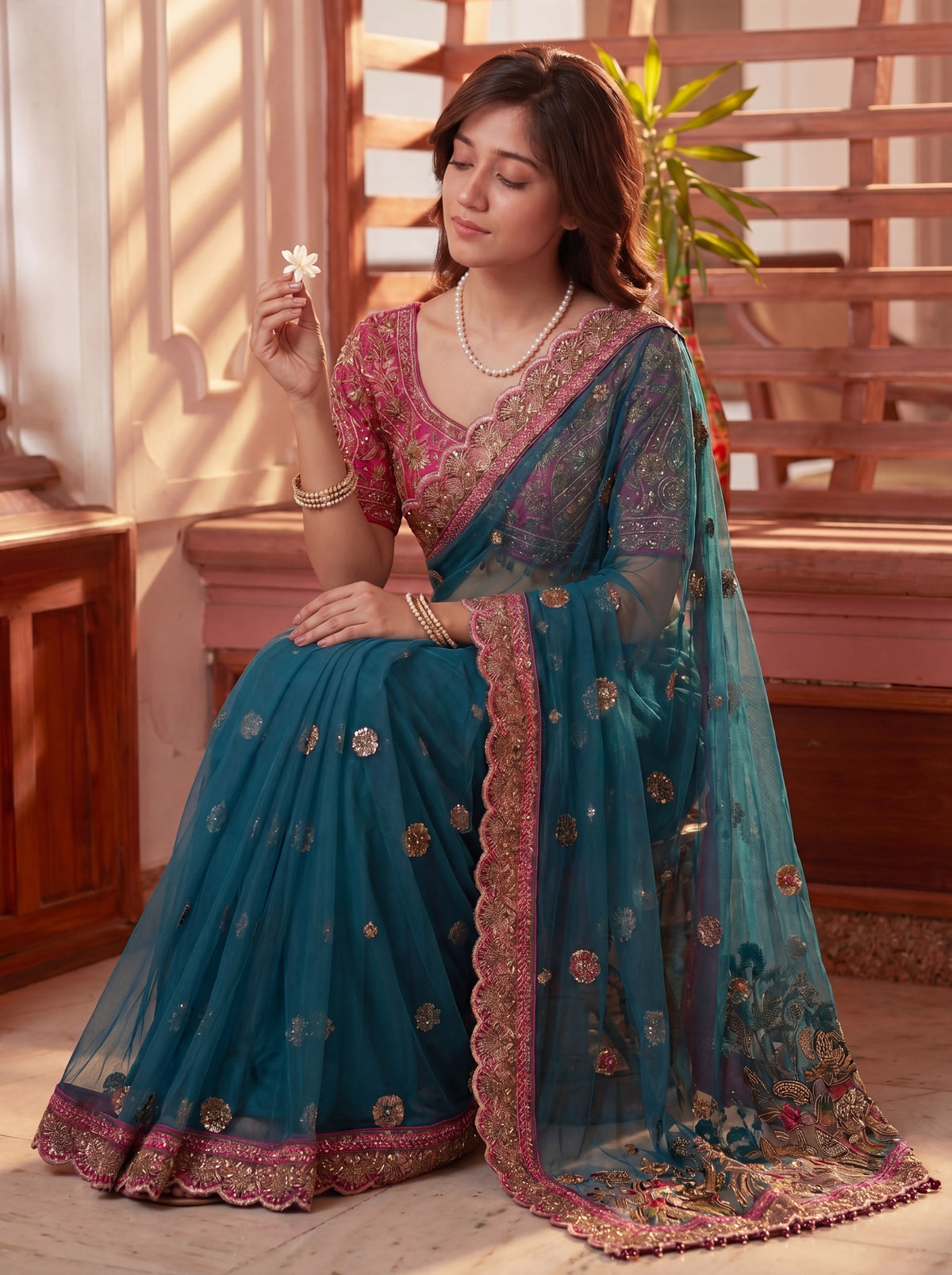 Royal Firozi Net Saree with Intricate Sequins, Mirror Work, Embroidery, Cording & Handcrafted Border Detailing