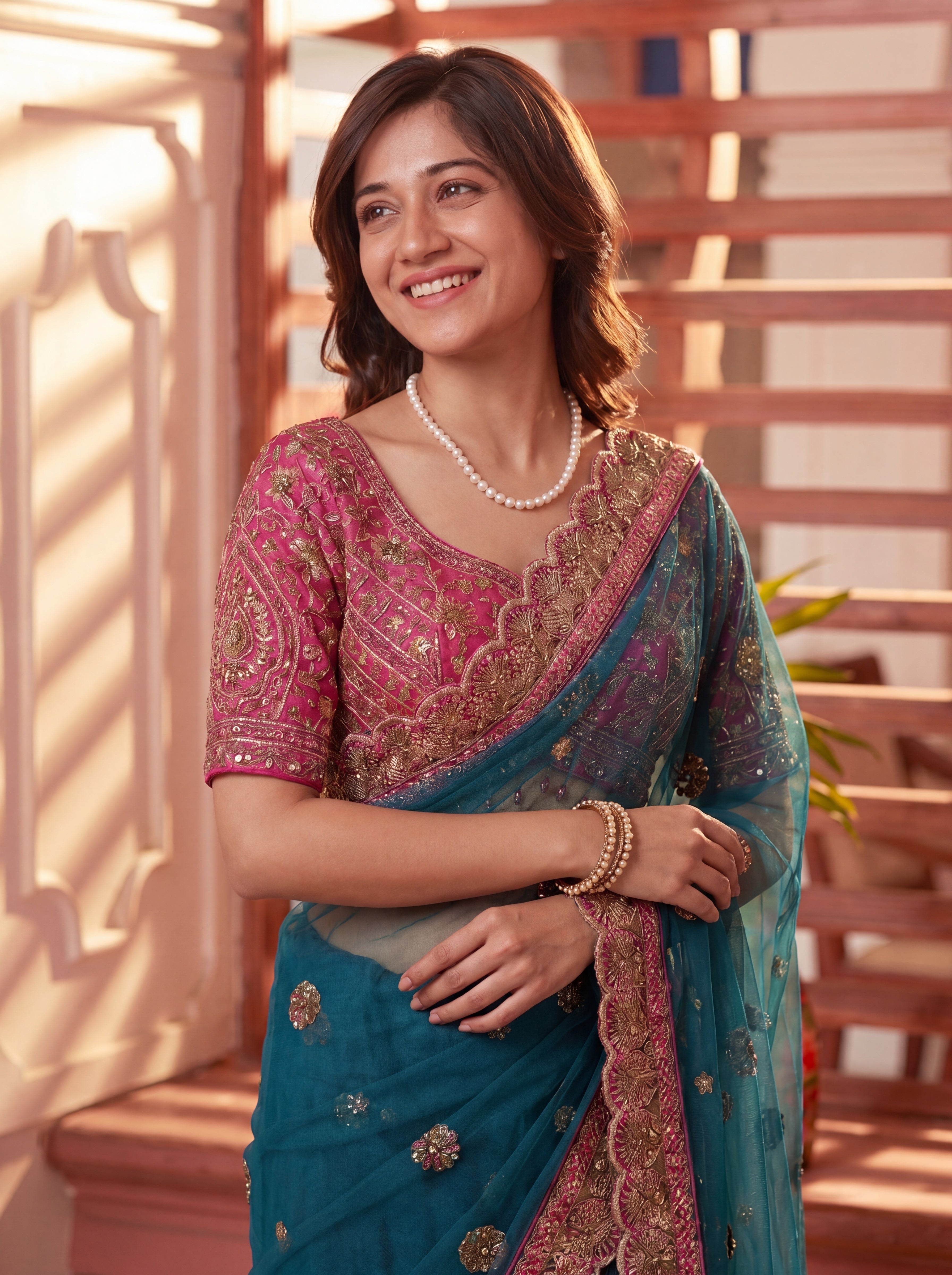 Royal Firozi Net Saree with Intricate Sequins, Mirror Work, Embroidery, Cording & Handcrafted Border Detailing