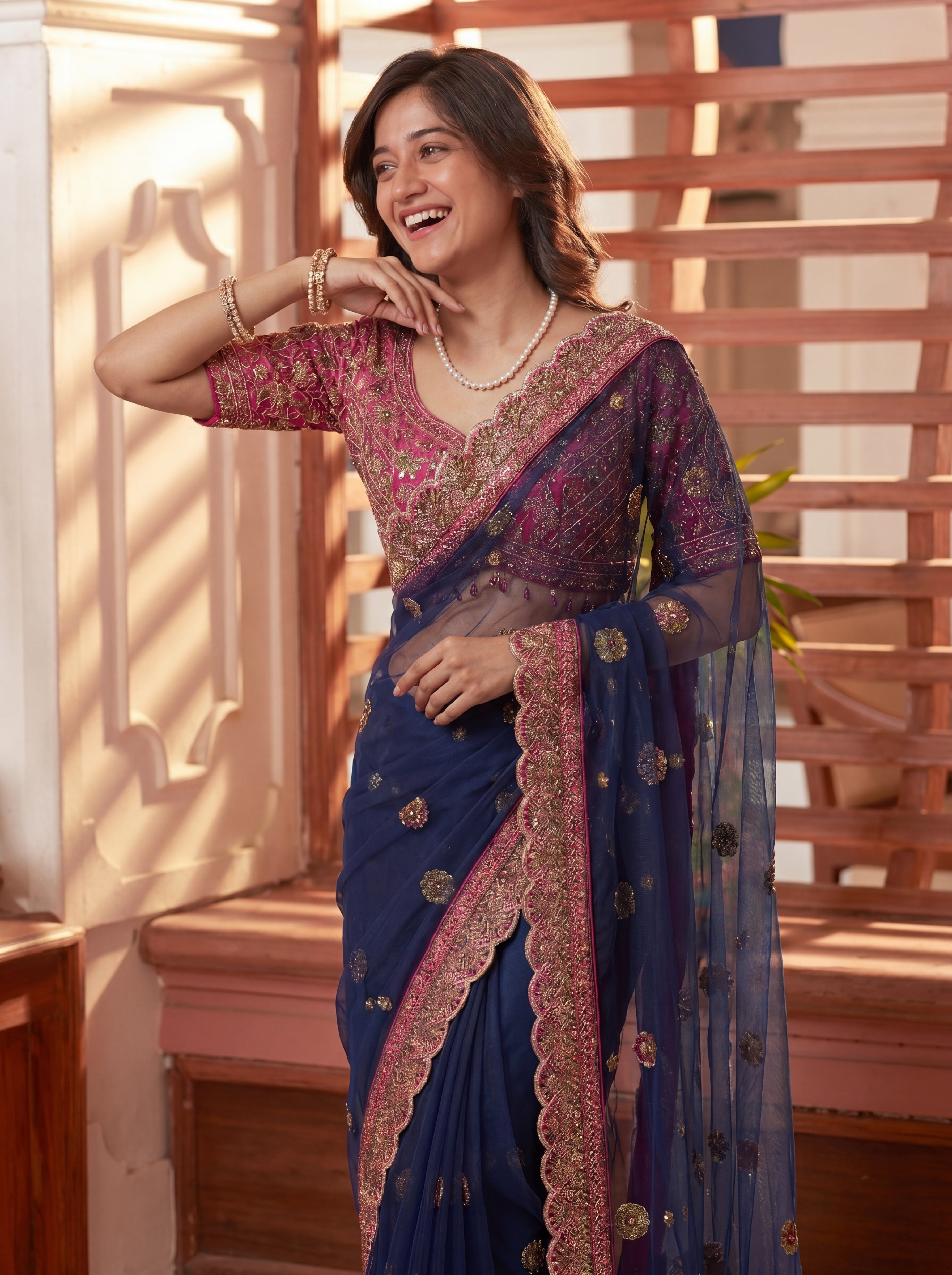 Royal Navy Blue Net Saree with Intricate Sequins, Mirror Work, Embroidery, Cording & Handcrafted Border Detailing