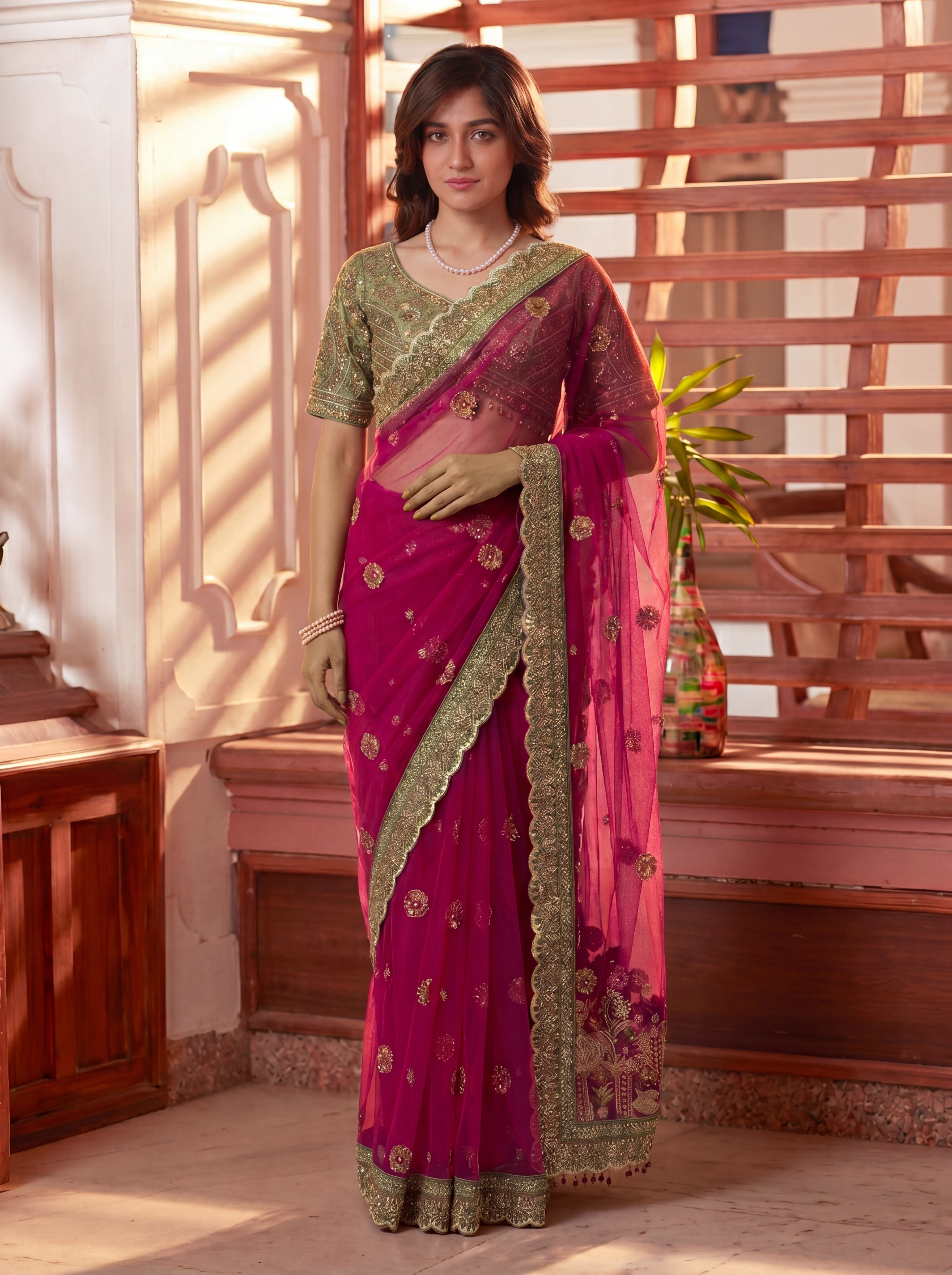Royal Rani Net Saree with Intricate Sequins, Mirror Work, Embroidery, Cording & Handcrafted Border Detailing