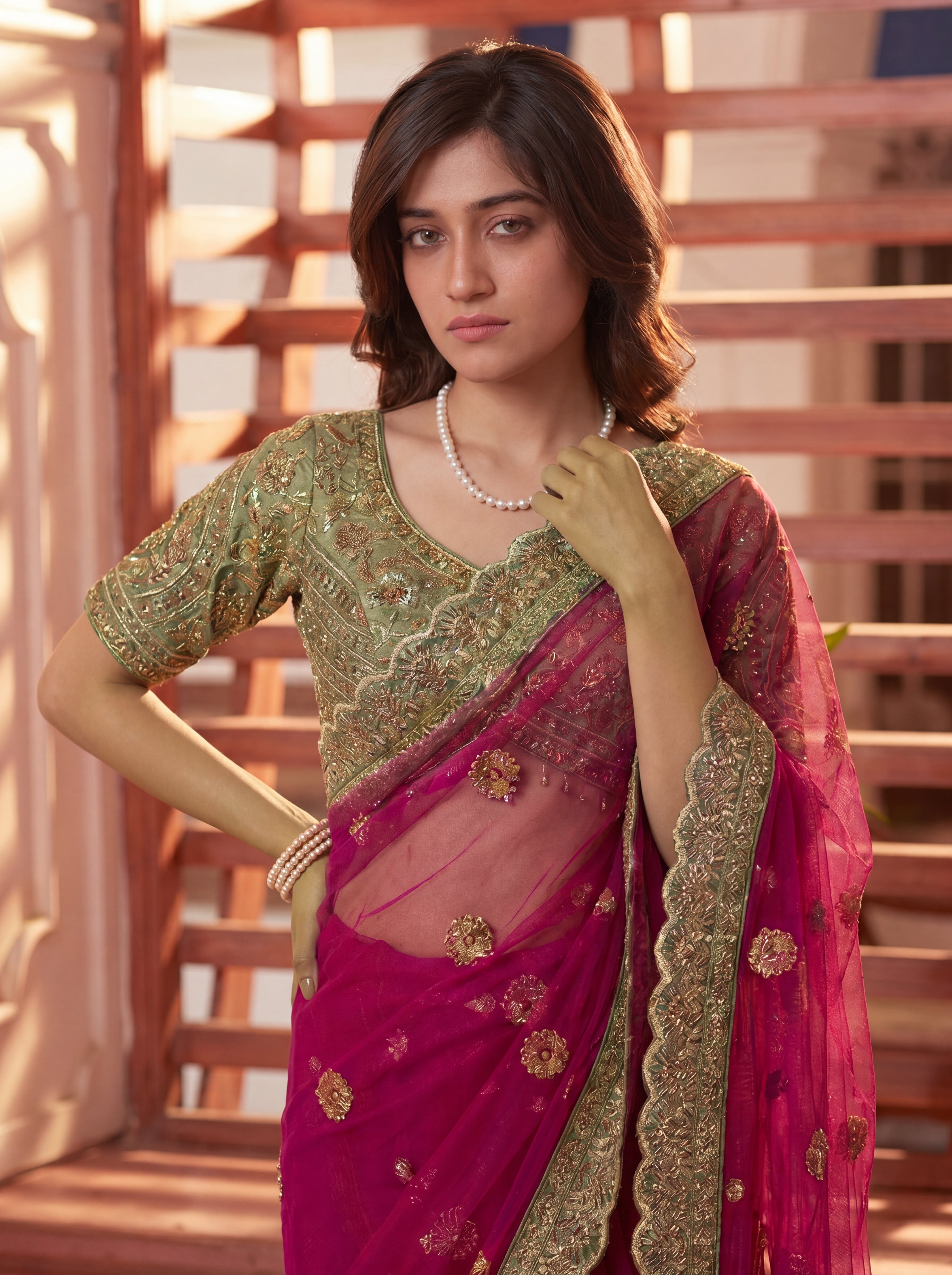 Royal Rani Net Saree with Intricate Sequins, Mirror Work, Embroidery, Cording & Handcrafted Border Detailing