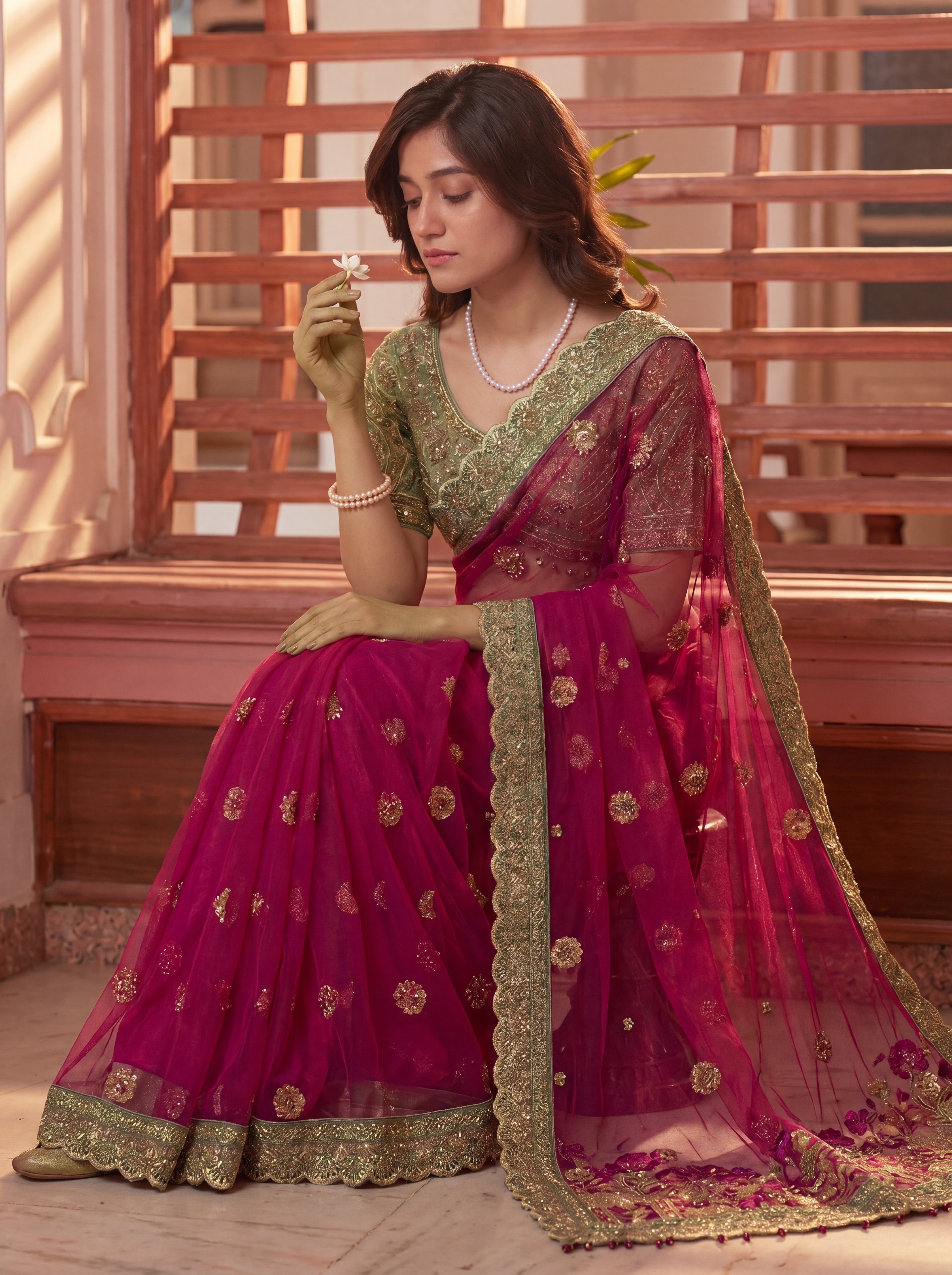 Royal Rani Net Saree with Intricate Sequins, Mirror Work, Embroidery, Cording & Handcrafted Border Detailing