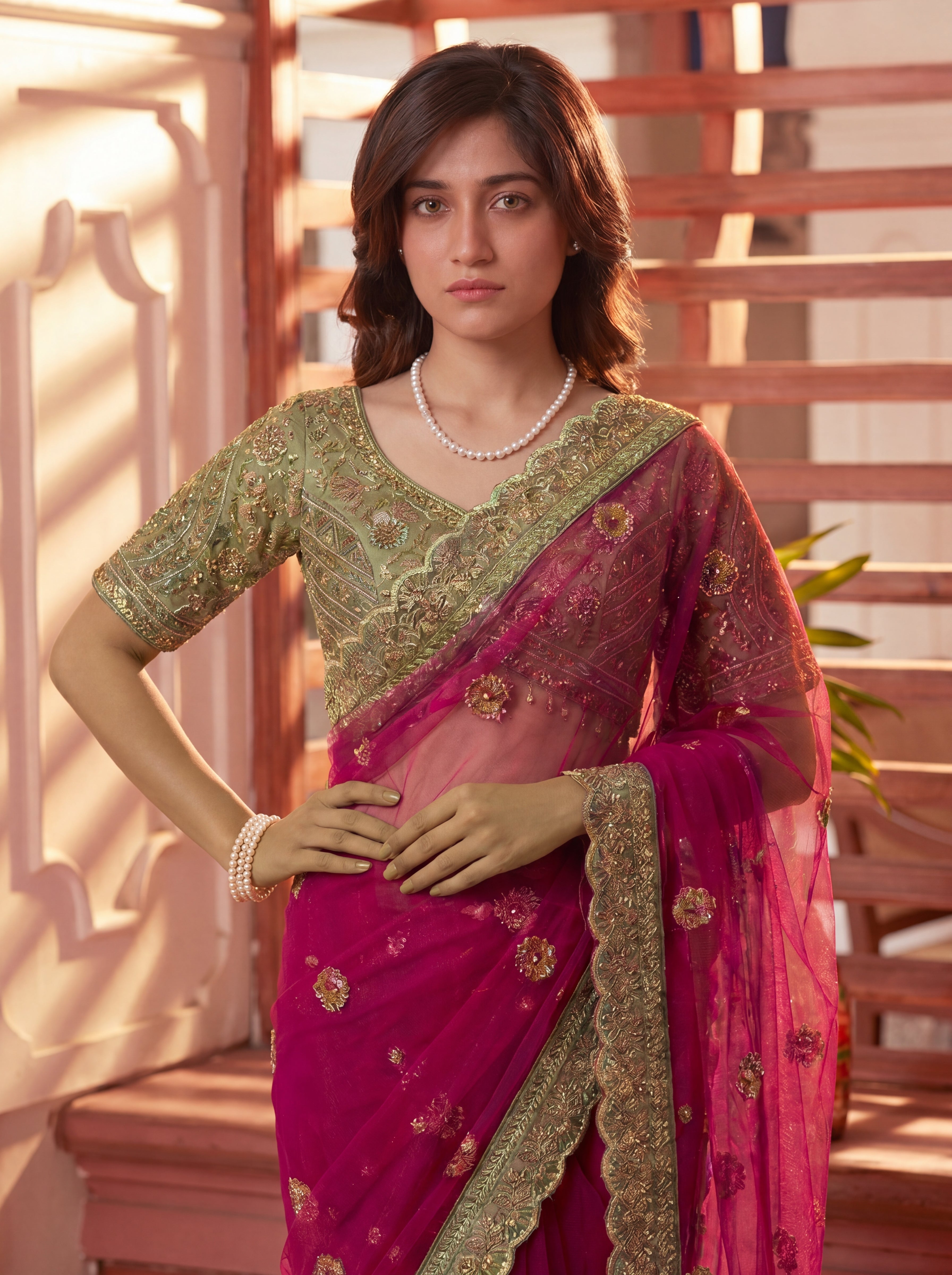 Royal Rani Net Saree with Intricate Sequins, Mirror Work, Embroidery, Cording & Handcrafted Border Detailing