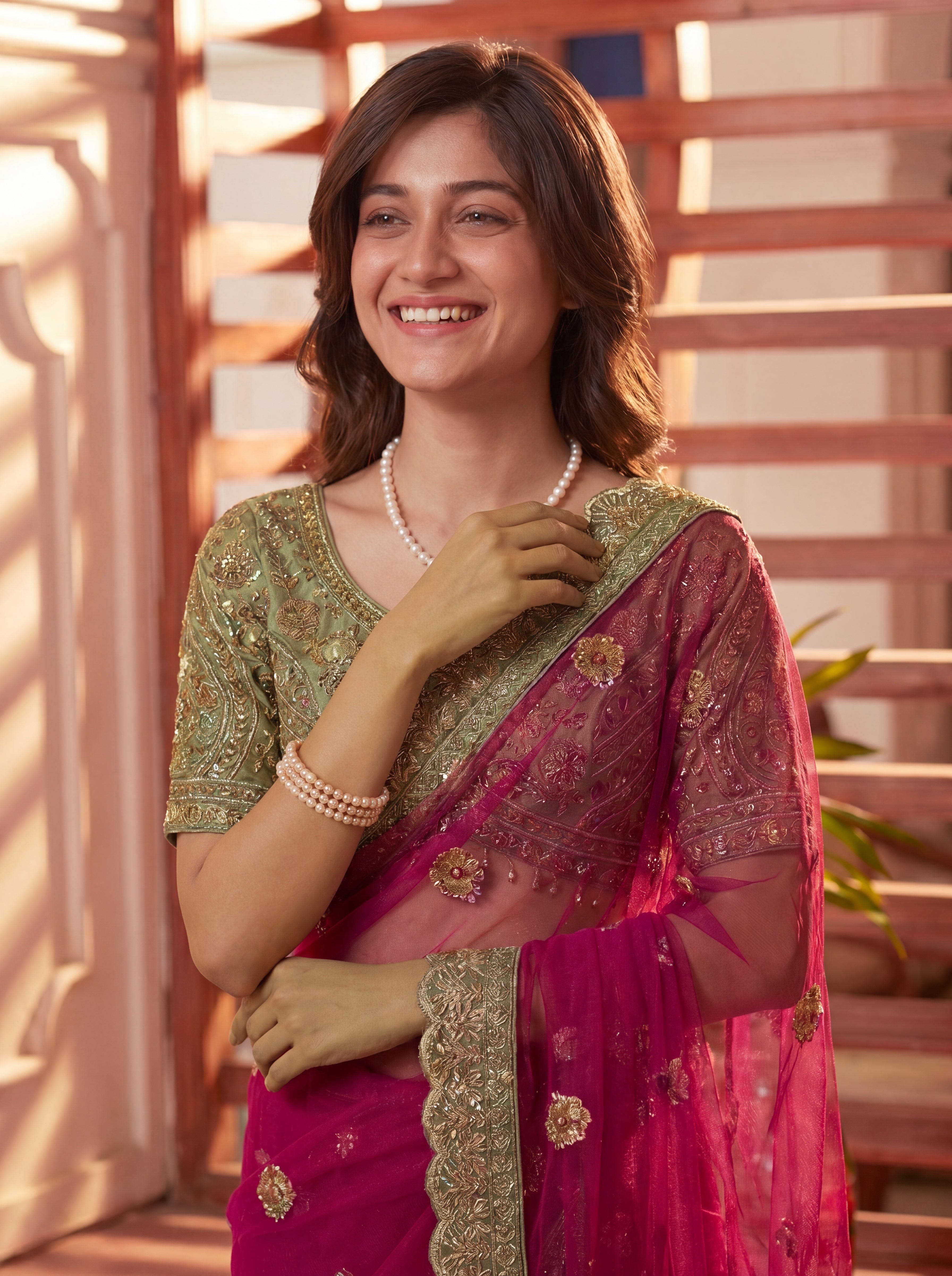 Royal Rani Net Saree with Intricate Sequins, Mirror Work, Embroidery, Cording & Handcrafted Border Detailing