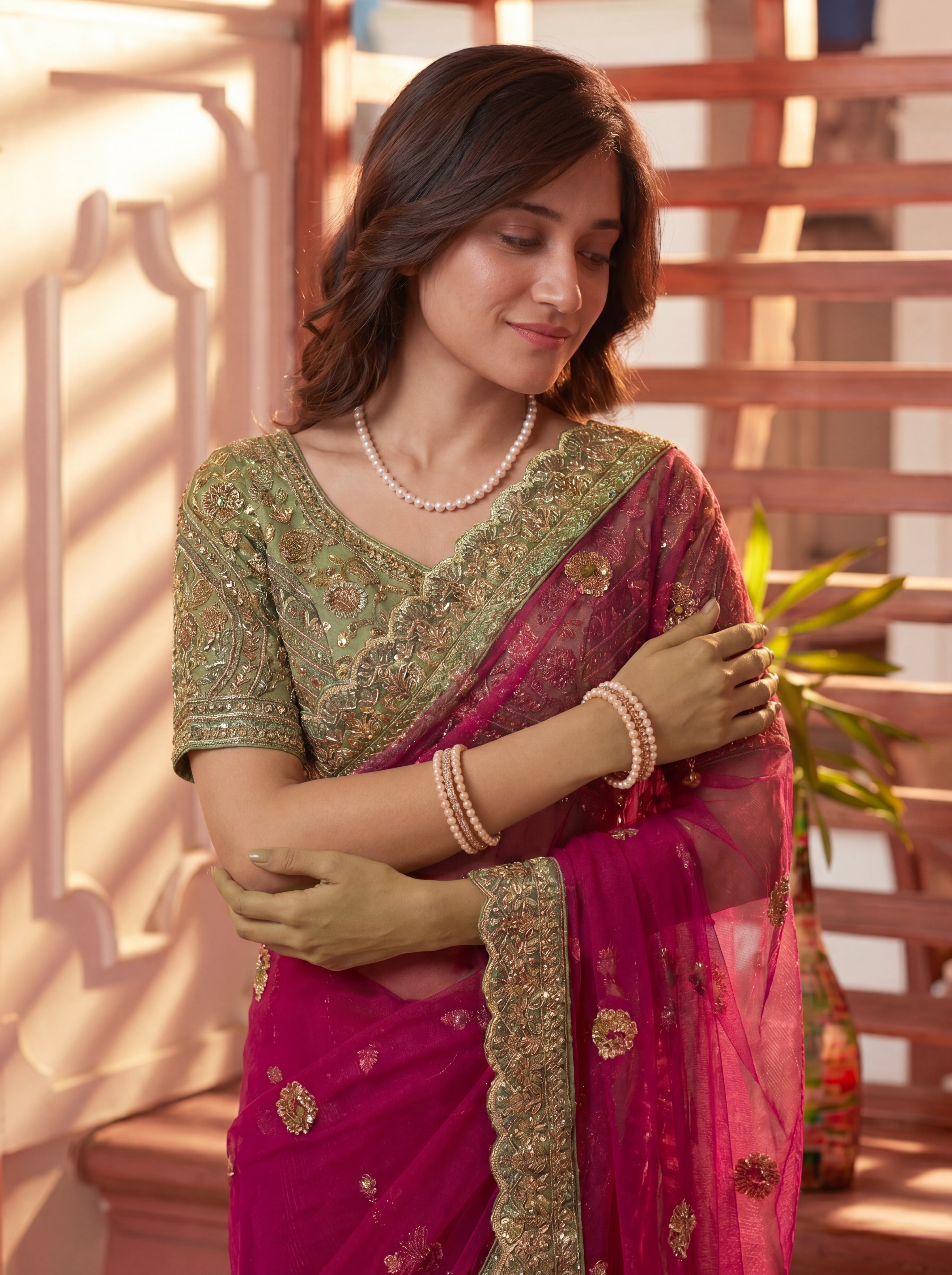 Royal Rani Net Saree with Intricate Sequins, Mirror Work, Embroidery, Cording & Handcrafted Border Detailing