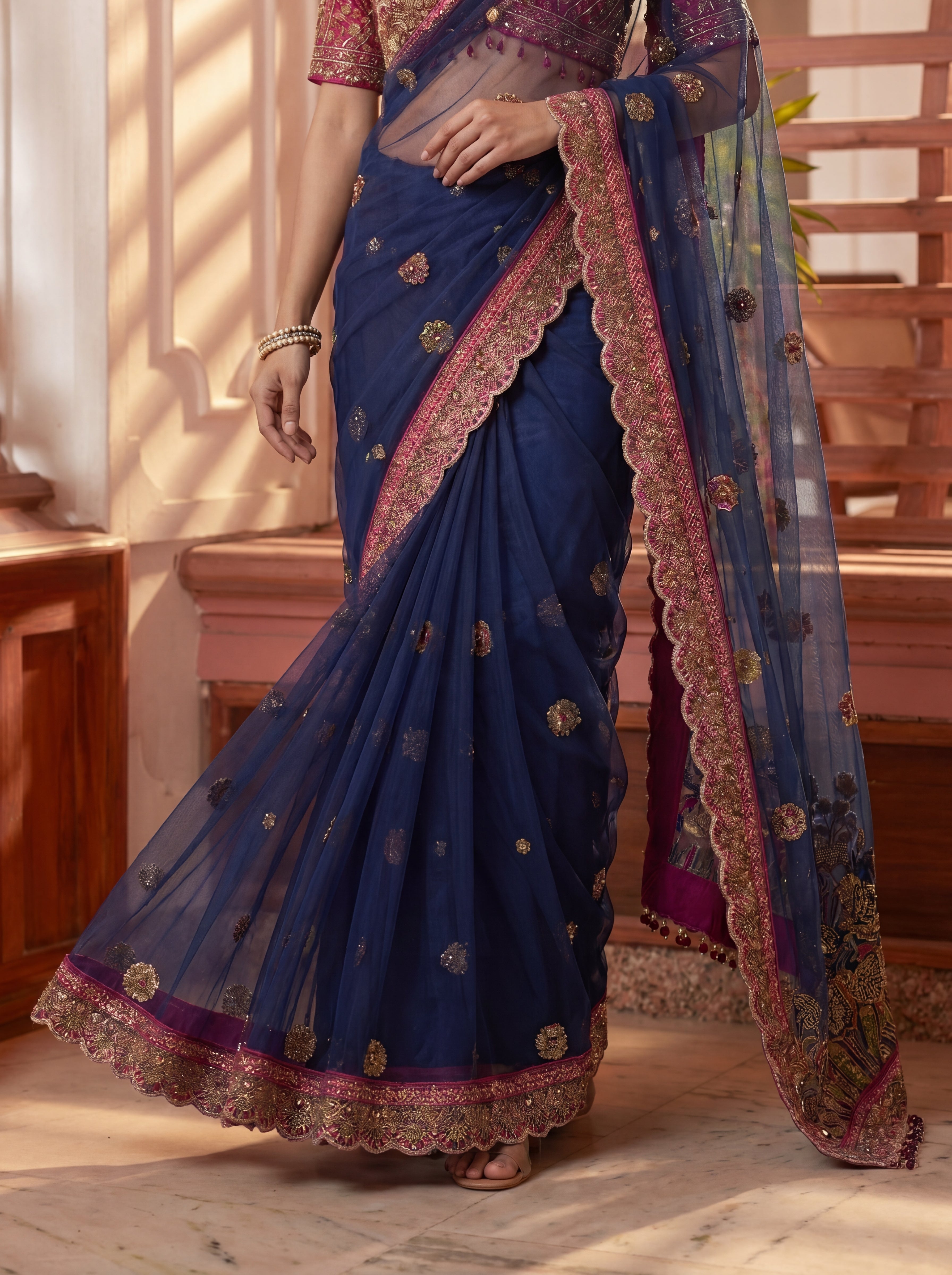 Royal Navy Blue Net Saree with Intricate Sequins, Mirror Work, Embroidery, Cording & Handcrafted Border Detailing