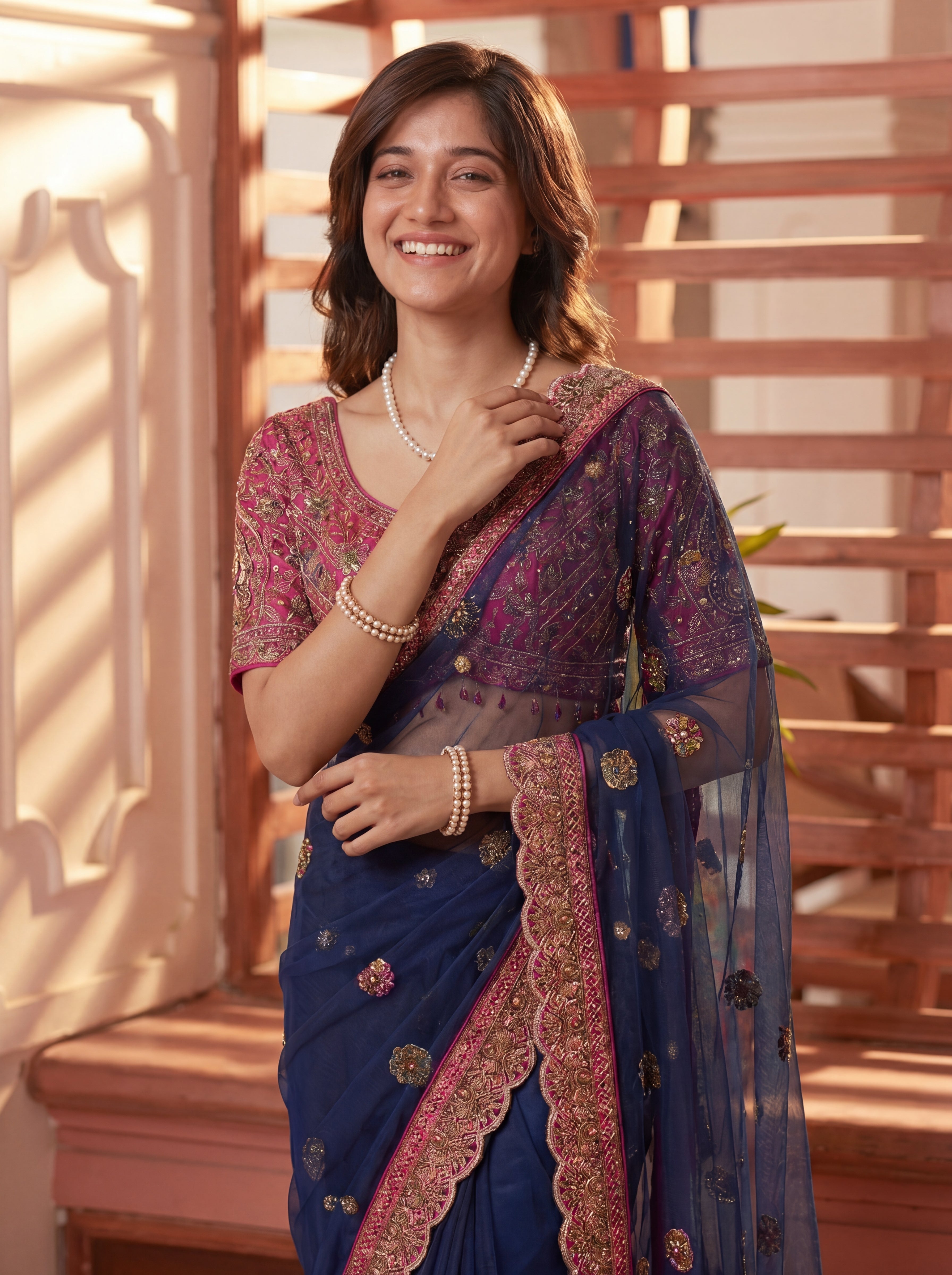 Royal Navy Blue Net Saree with Intricate Sequins, Mirror Work, Embroidery, Cording & Handcrafted Border Detailing