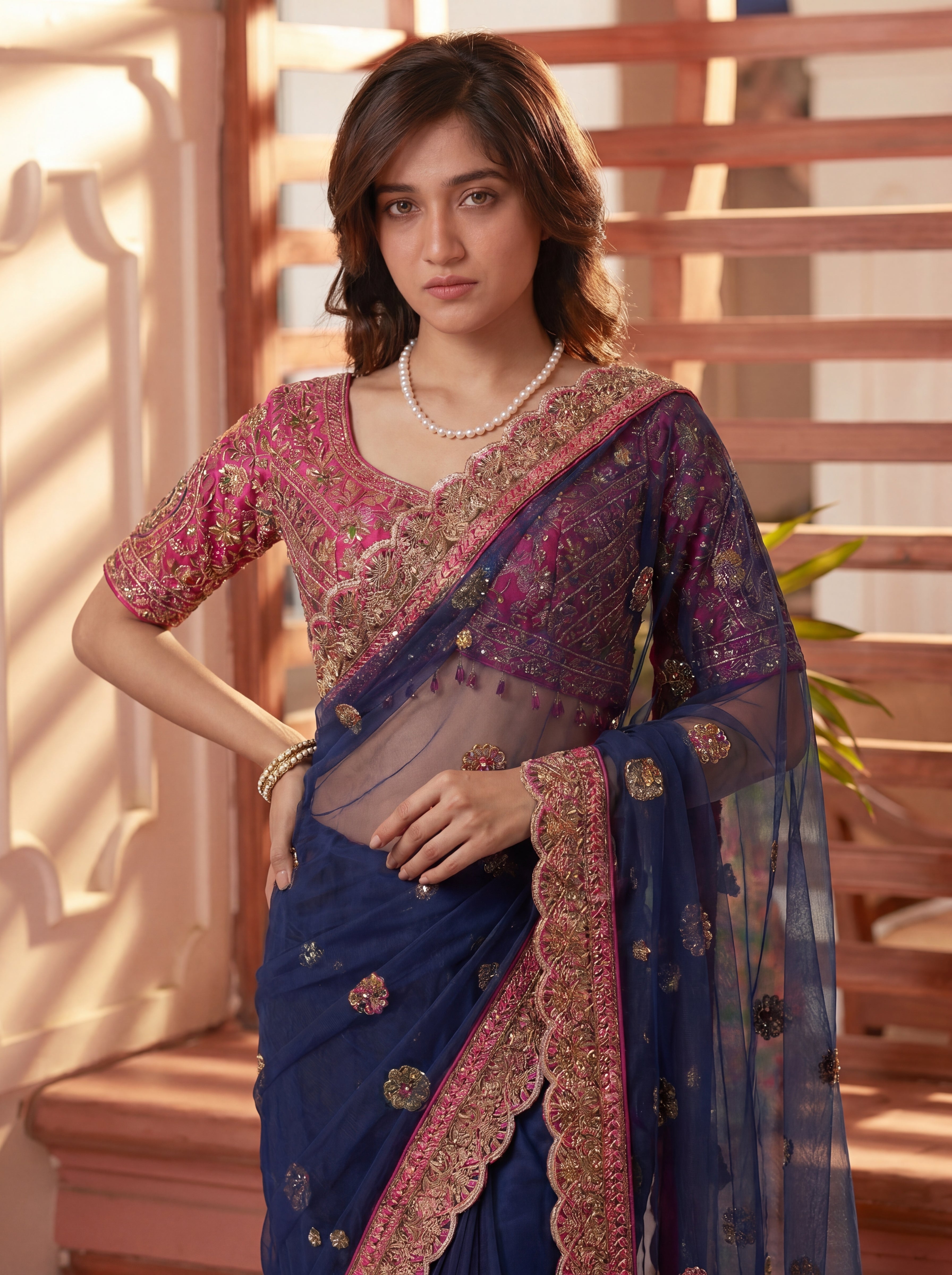 Royal Navy Blue Net Saree with Intricate Sequins, Mirror Work, Embroidery, Cording & Handcrafted Border Detailing