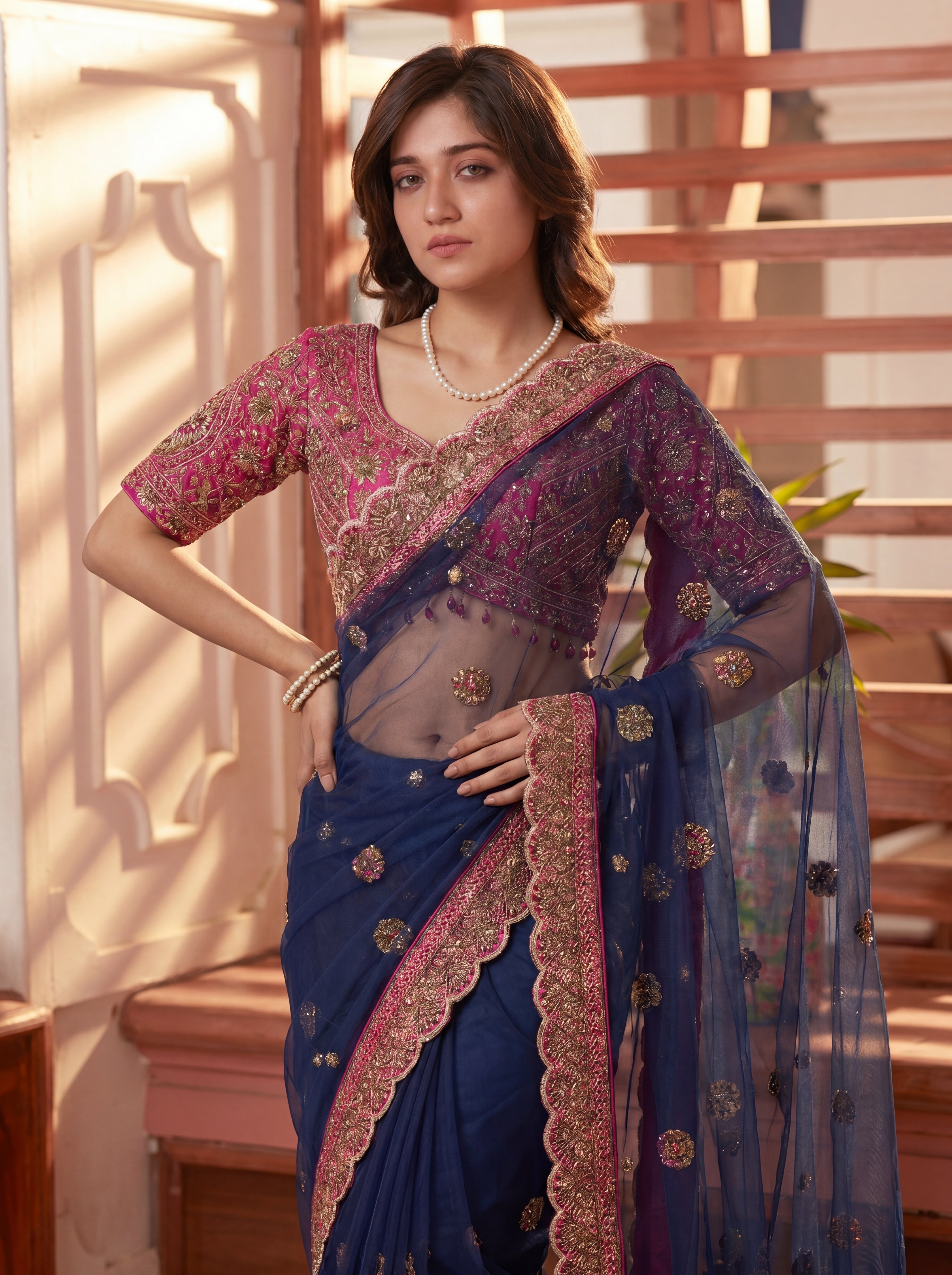 Royal Navy Blue Net Saree with Intricate Sequins, Mirror Work, Embroidery, Cording & Handcrafted Border Detailing