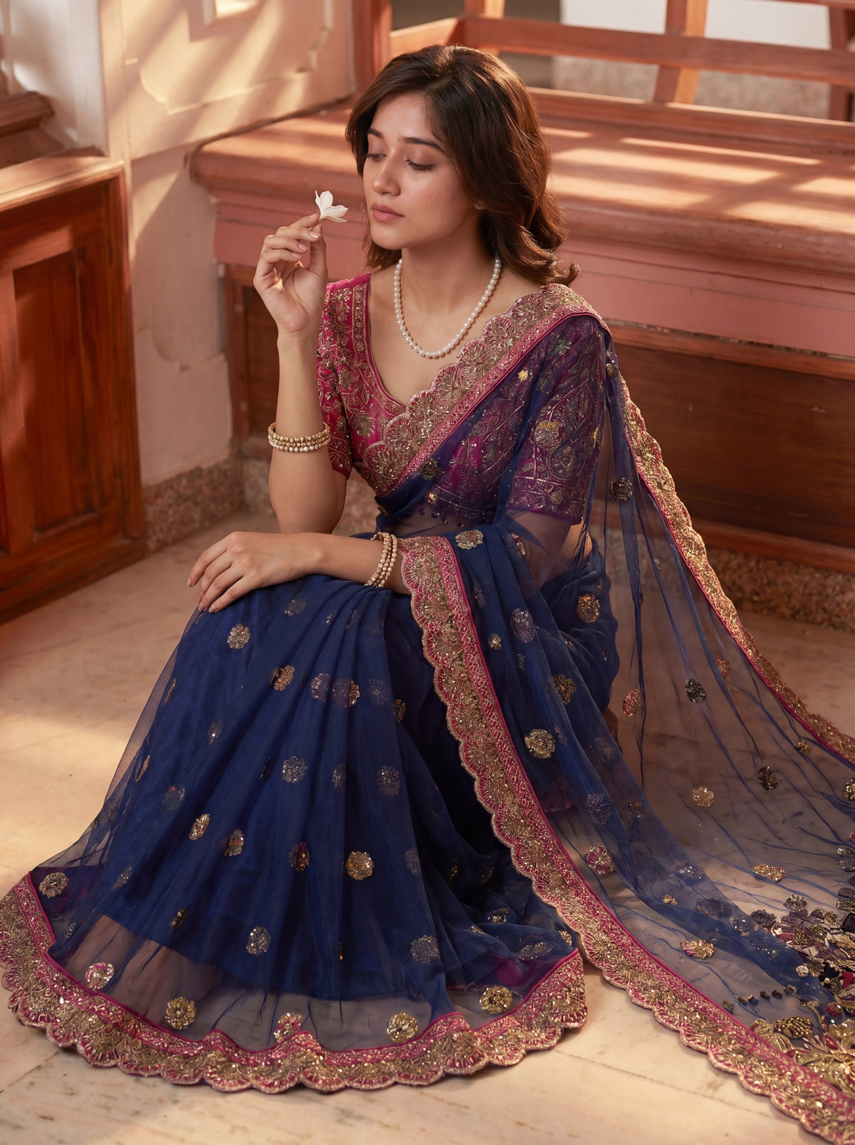 Royal Navy Blue Net Saree with Intricate Sequins, Mirror Work, Embroidery, Cording & Handcrafted Border Detailing