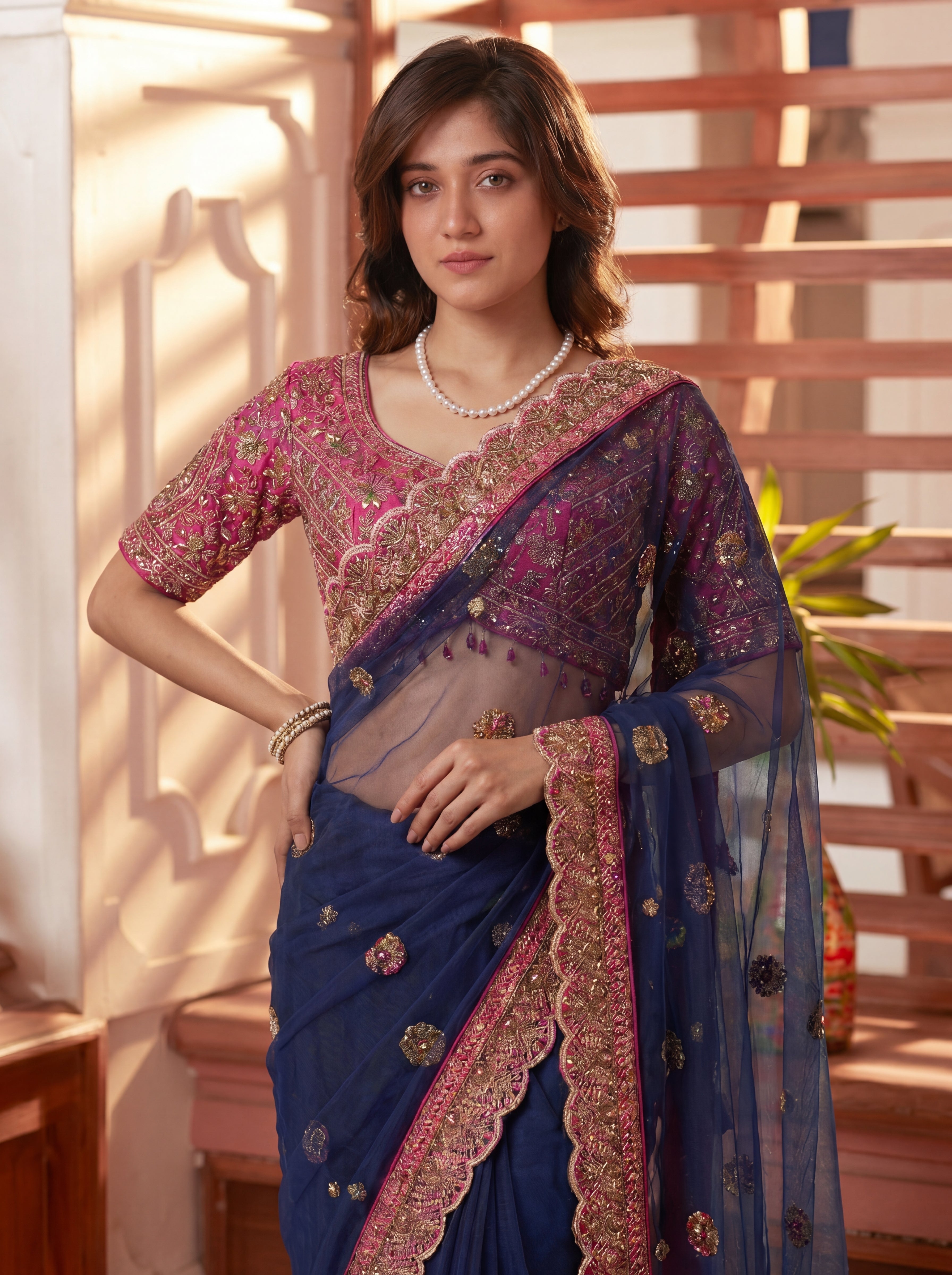 Royal Navy Blue Net Saree with Intricate Sequins, Mirror Work, Embroidery, Cording & Handcrafted Border Detailing
