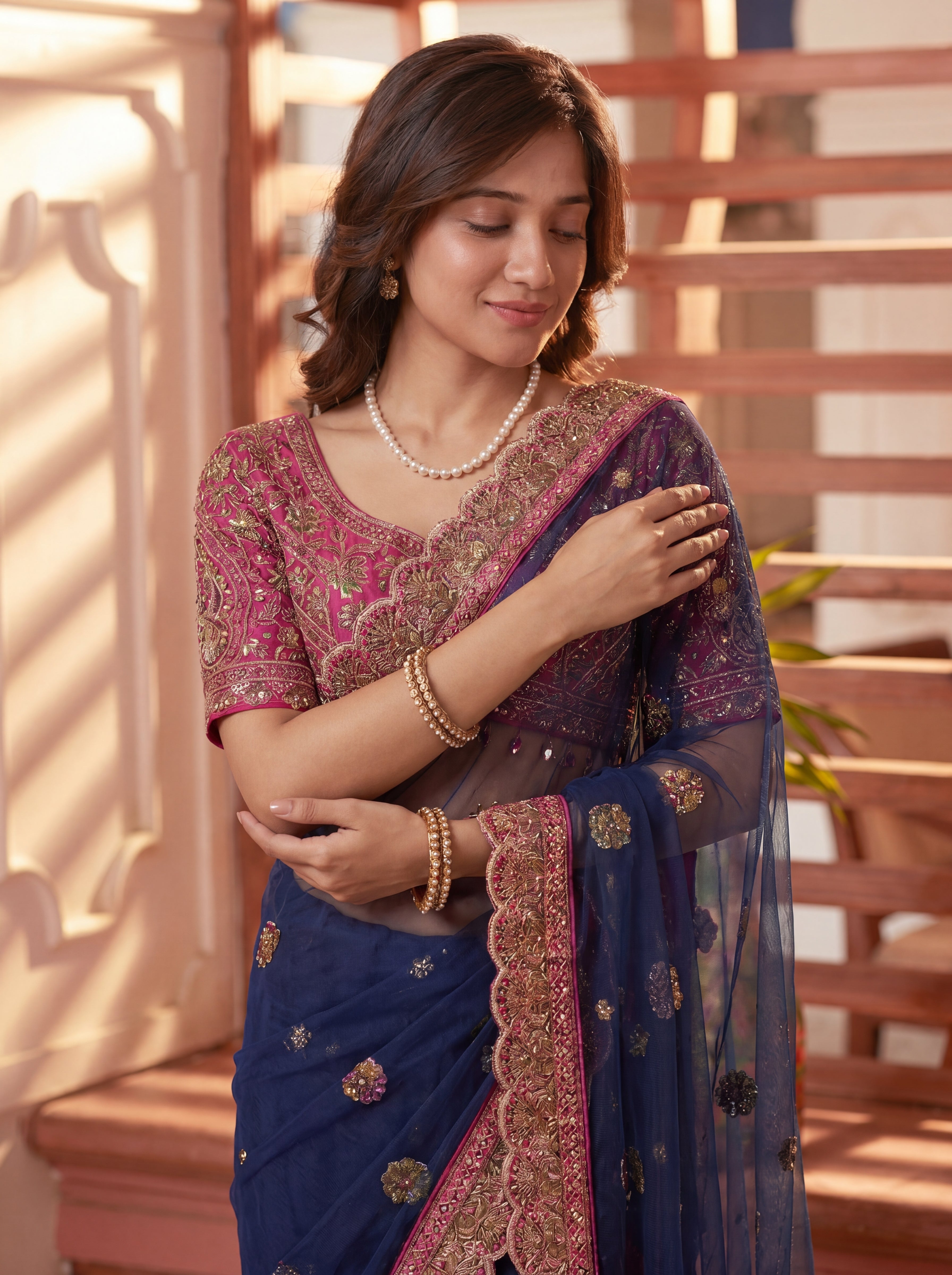 Royal Navy Blue Net Saree with Intricate Sequins, Mirror Work, Embroidery, Cording & Handcrafted Border Detailing