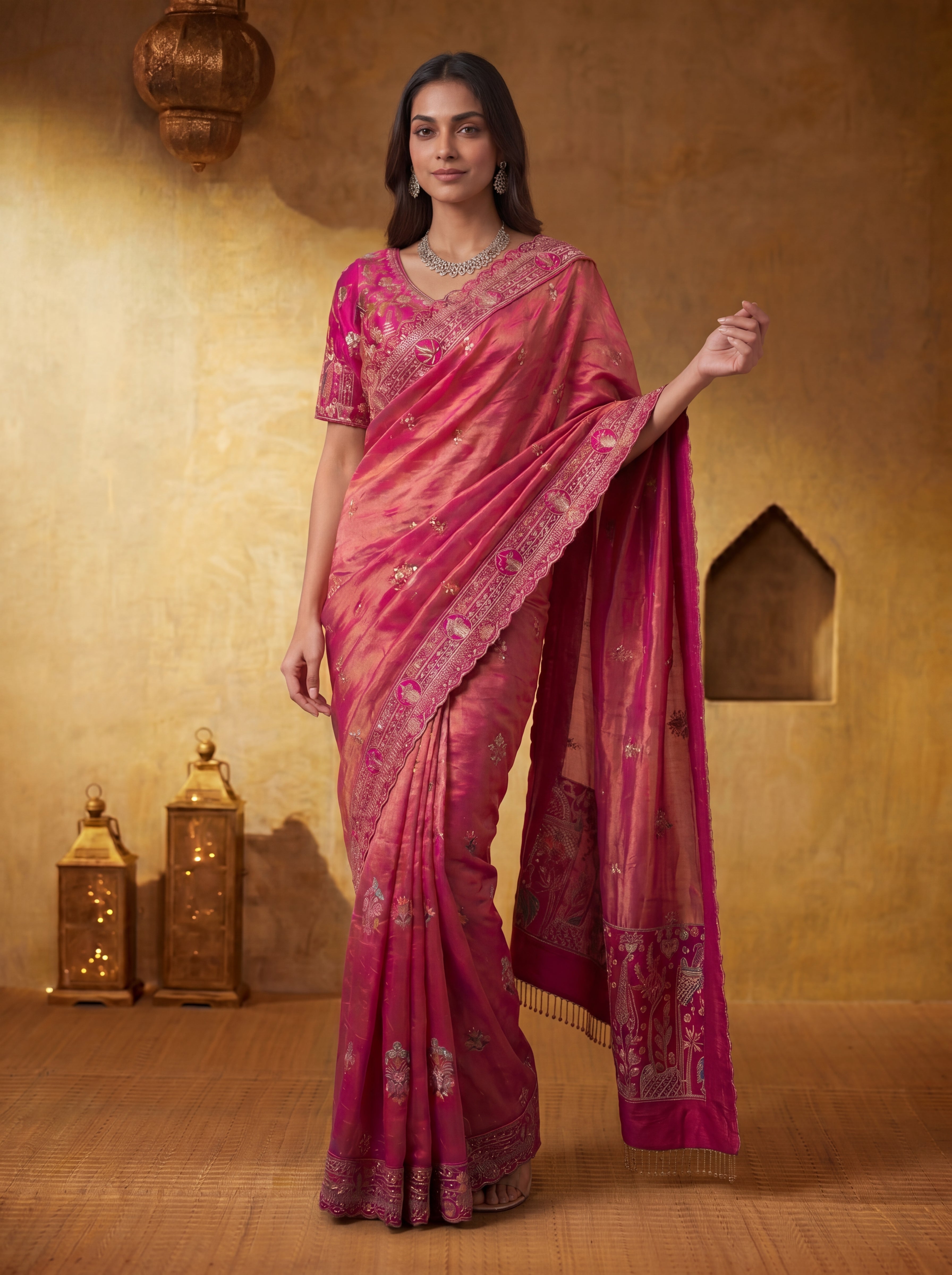 Premium Magenta Silk Saree with Sequins Embroidery & Handcrafted Motifs