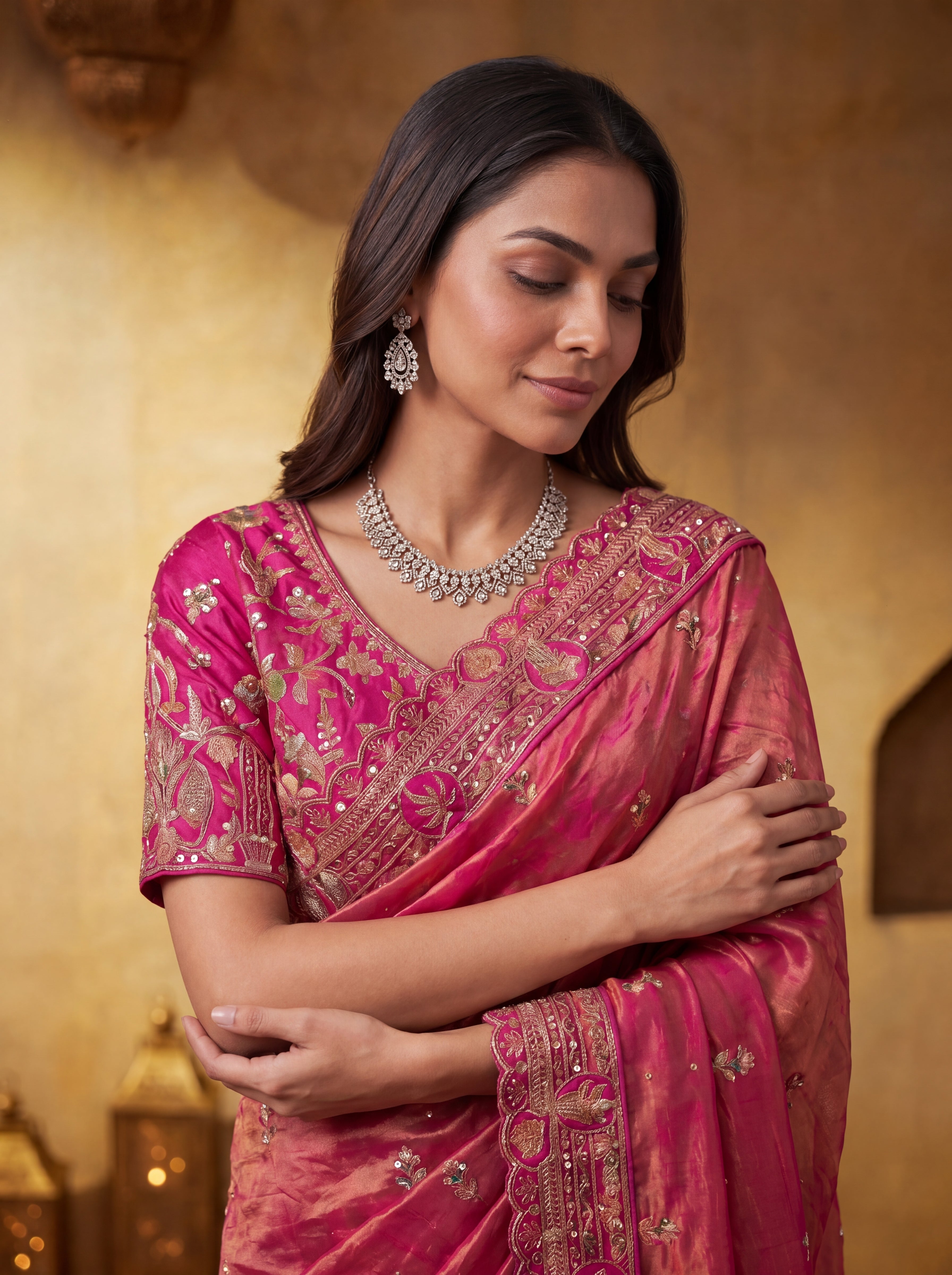 Premium Magenta Silk Saree with Sequins Embroidery & Handcrafted Motifs