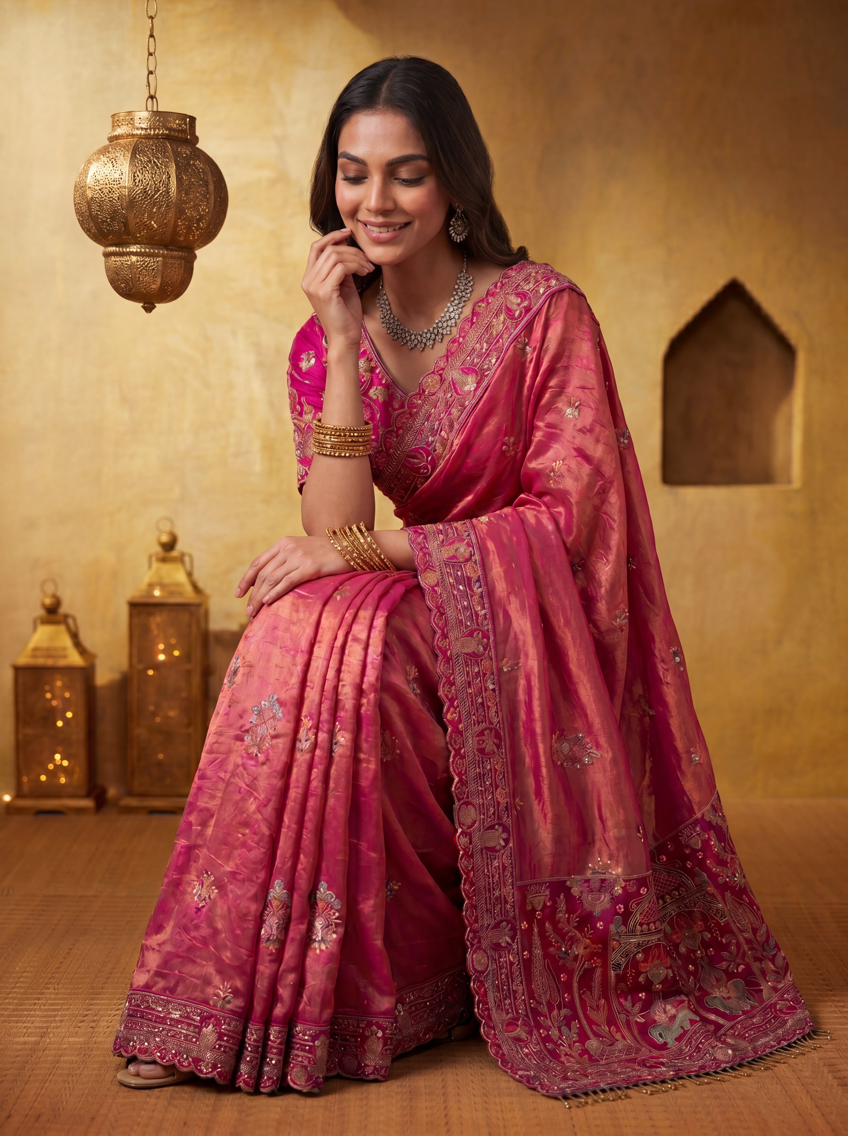 Premium Magenta Silk Saree with Sequins Embroidery & Handcrafted Motifs