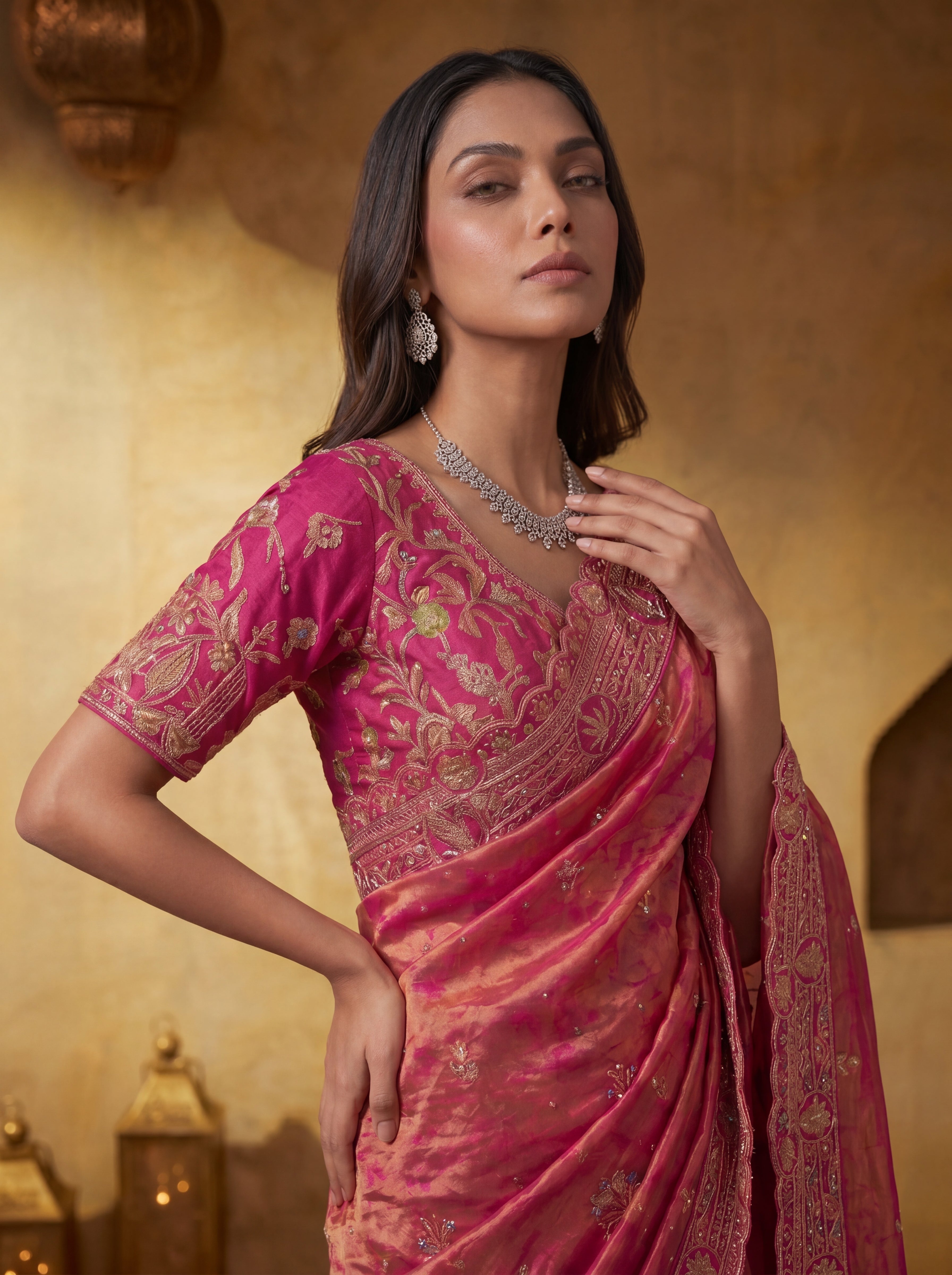Premium Magenta Silk Saree with Sequins Embroidery & Handcrafted Motifs
