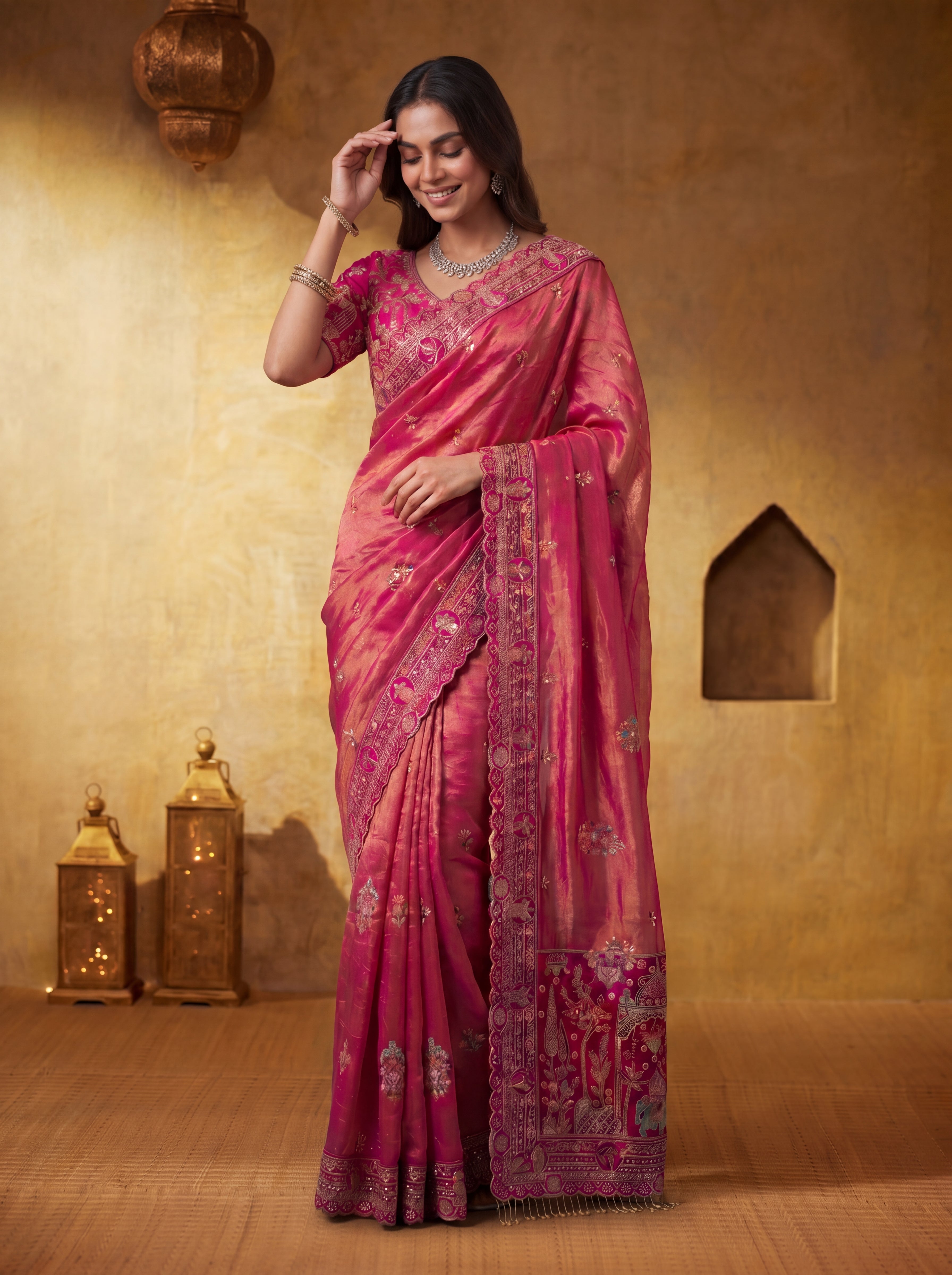 Premium Magenta Silk Saree with Sequins Embroidery & Handcrafted Motifs