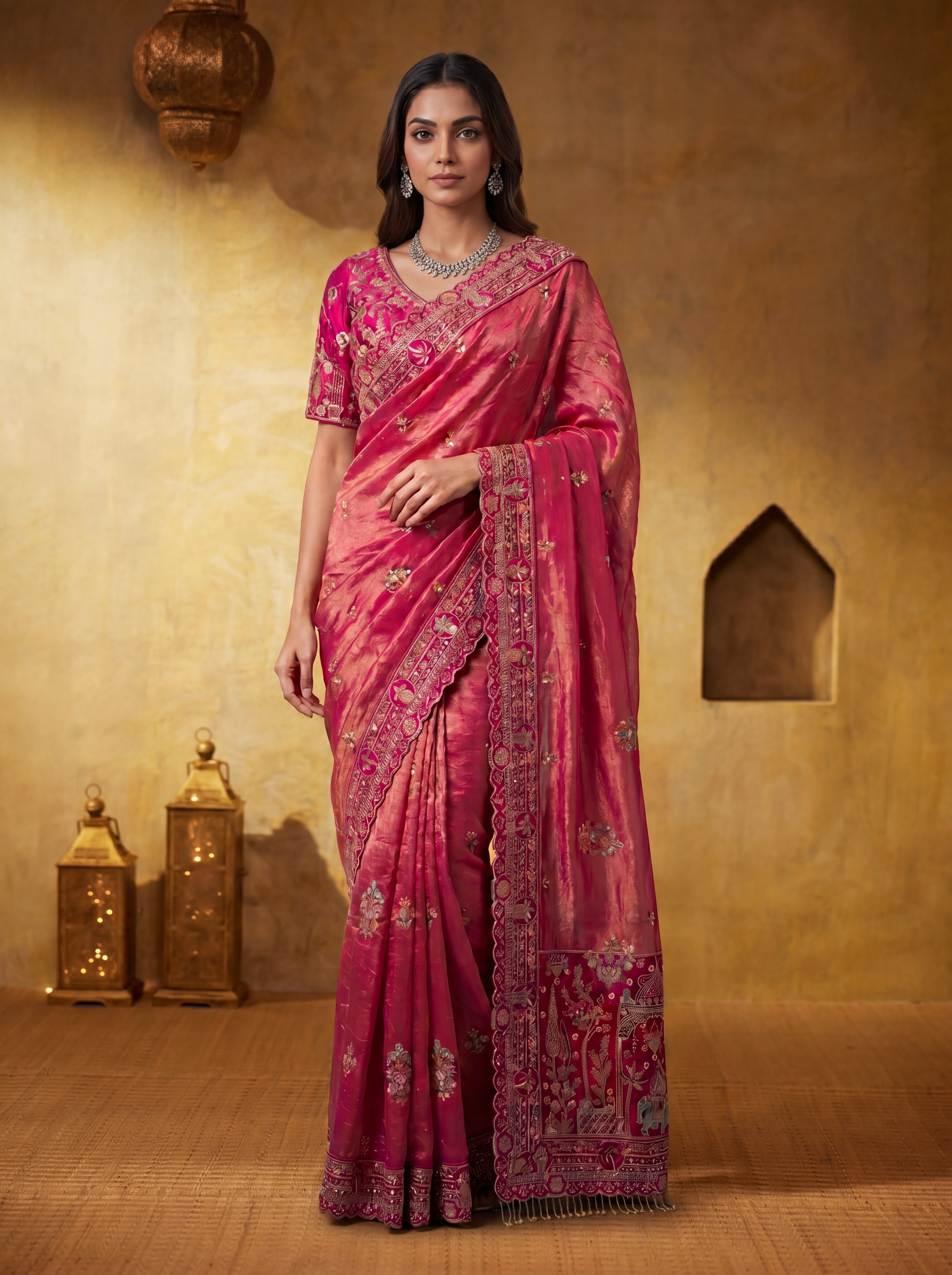 Premium Magenta Silk Saree with Sequins Embroidery & Handcrafted Motifs