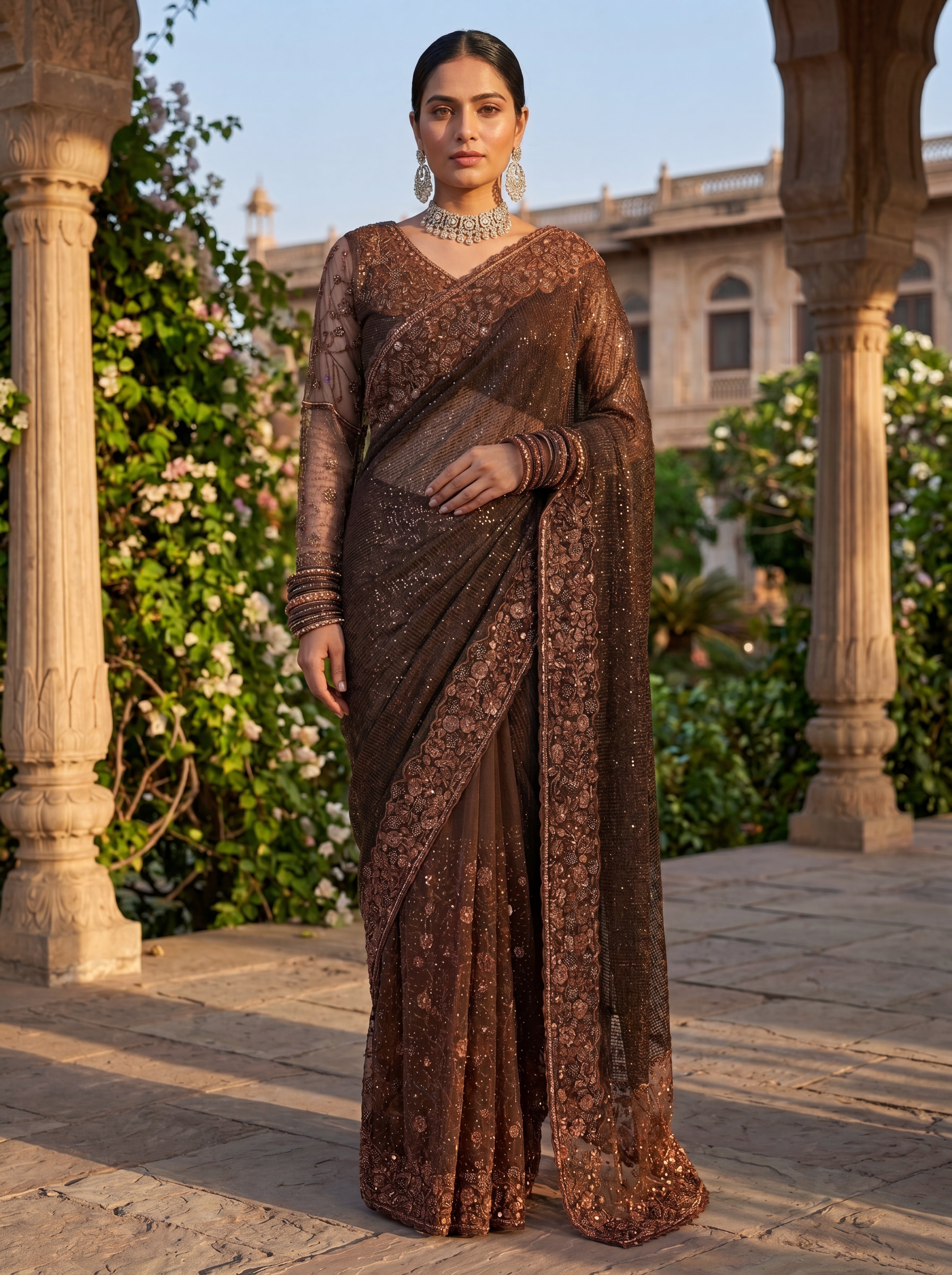 Brown Luxe Net Saree with Sequins, Beads & Embroidered Work
