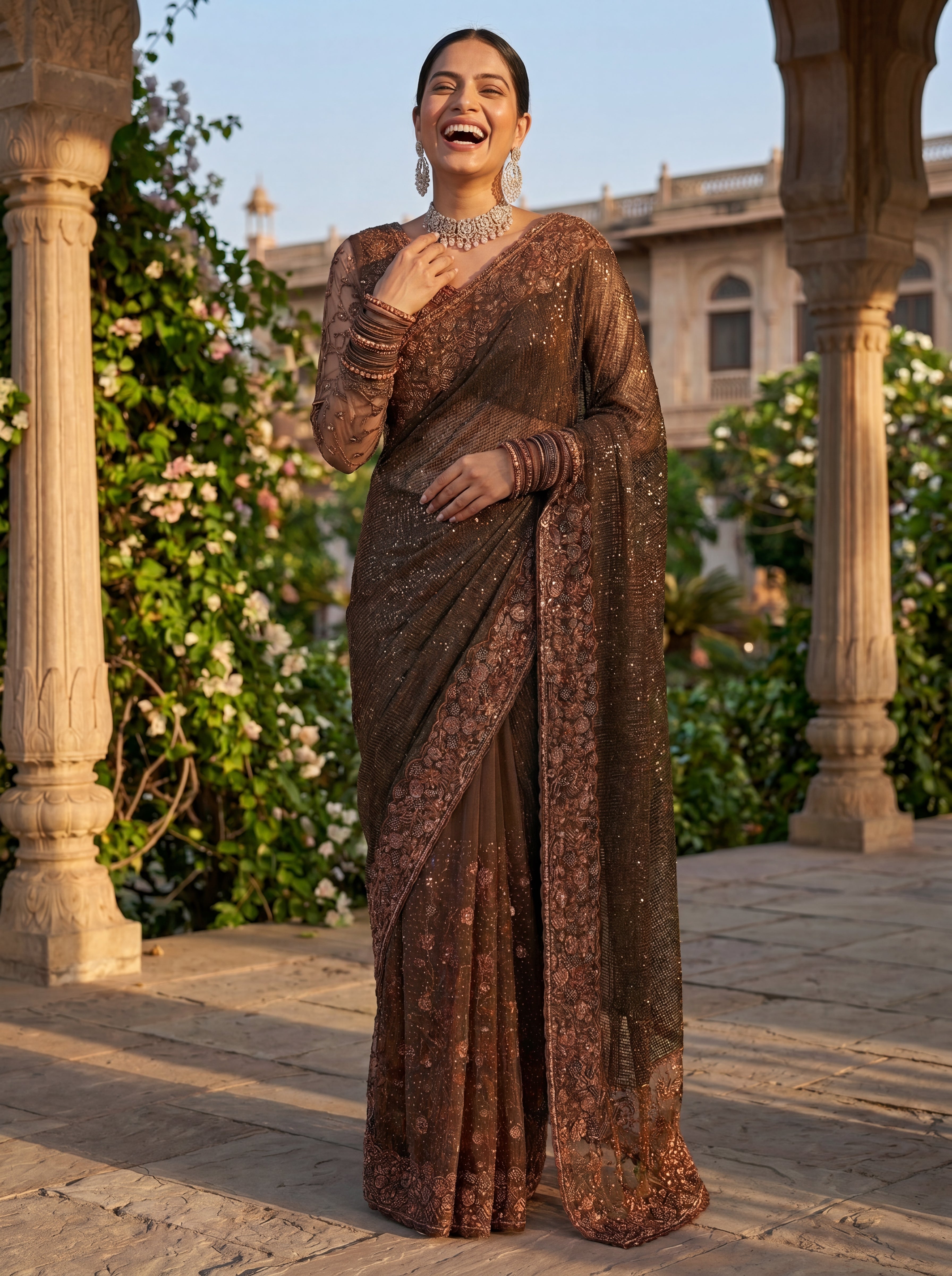 Brown Luxe Net Saree with Sequins, Beads & Embroidered Work