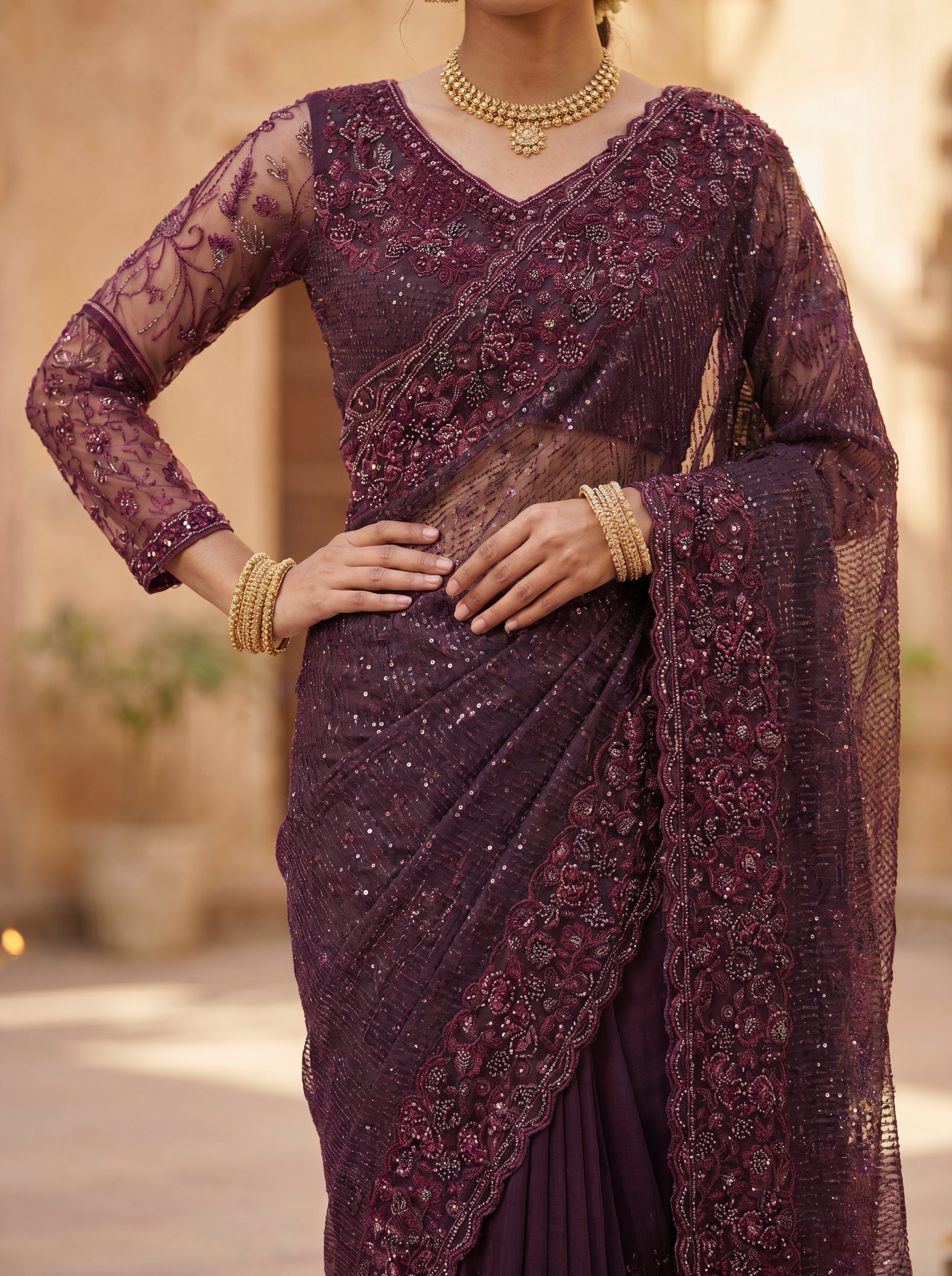 Wine Luxe Net Saree with Sequins, Beads & Embroidered Work