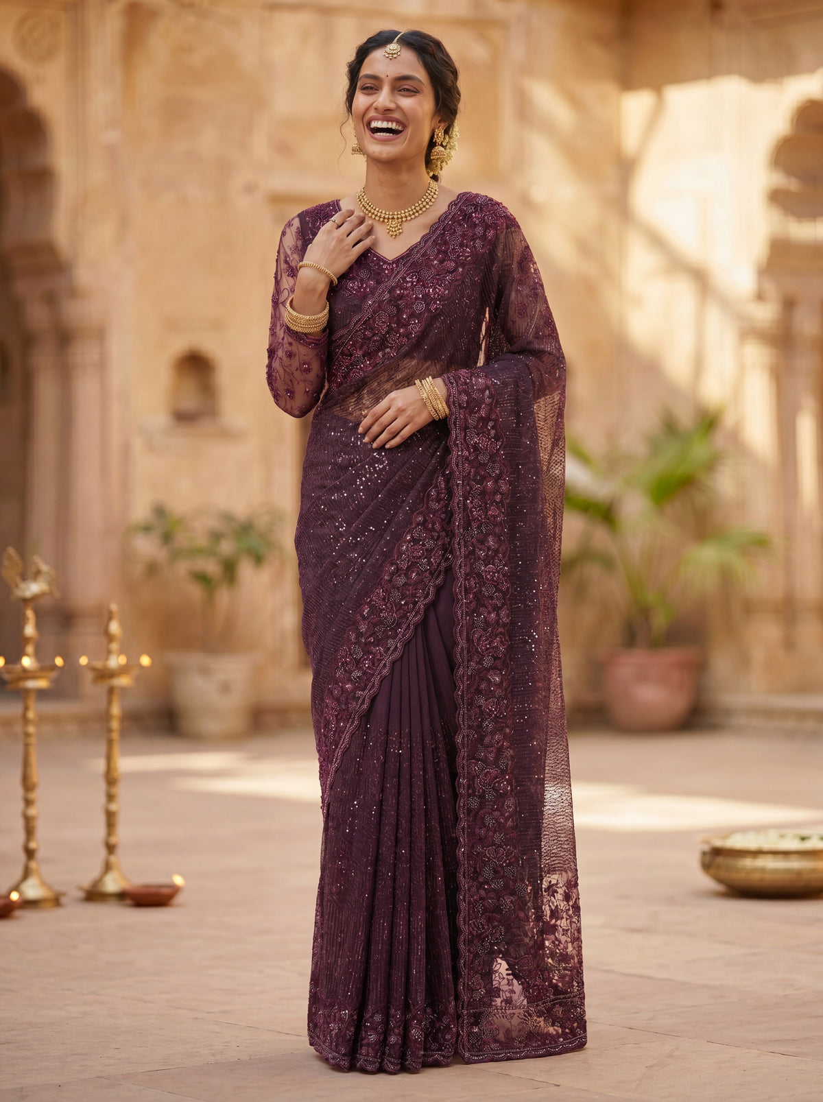 Wine Luxe Net Saree with Sequins, Beads & Embroidered Work