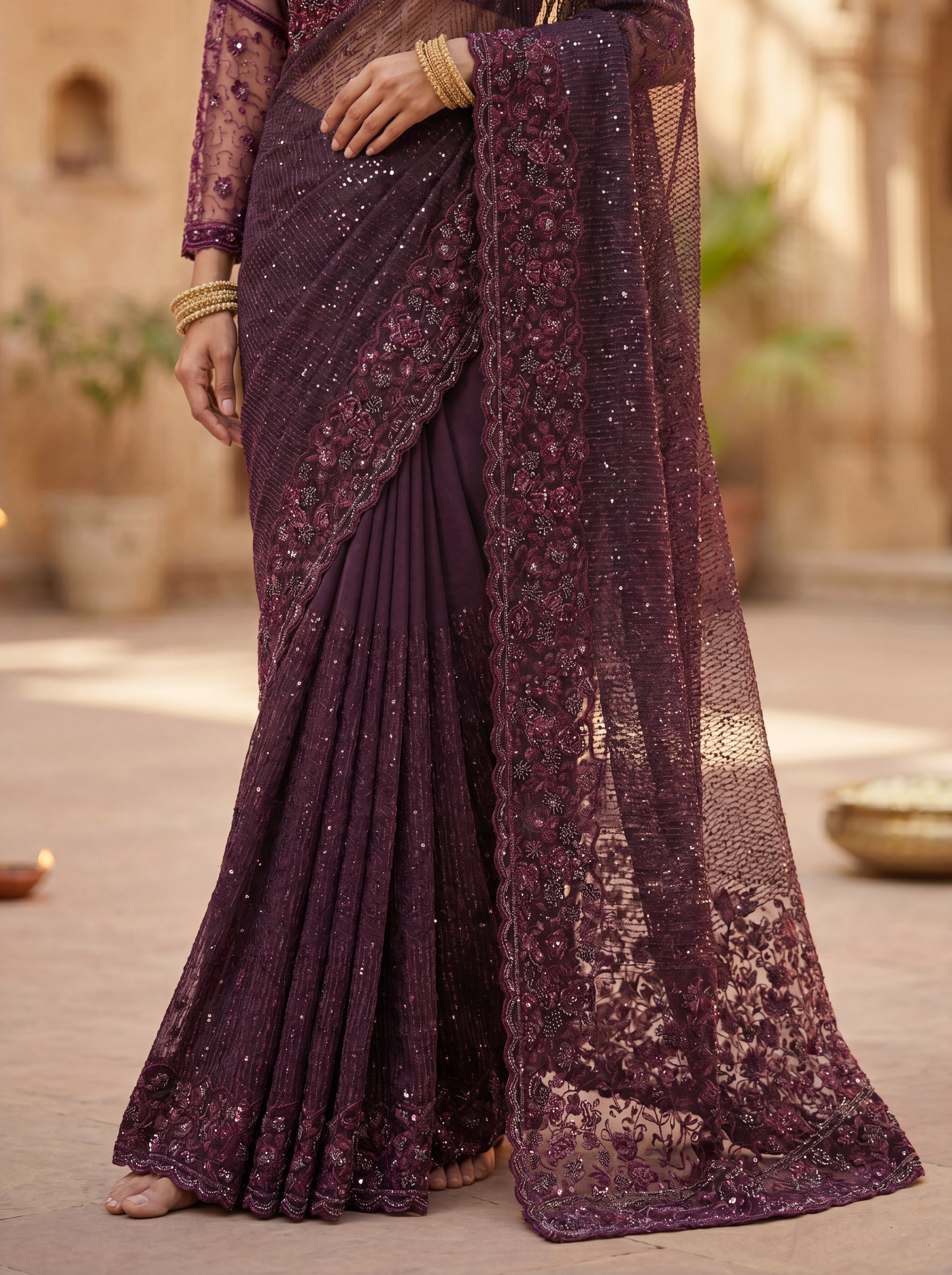 Wine Luxe Net Saree with Sequins, Beads & Embroidered Work
