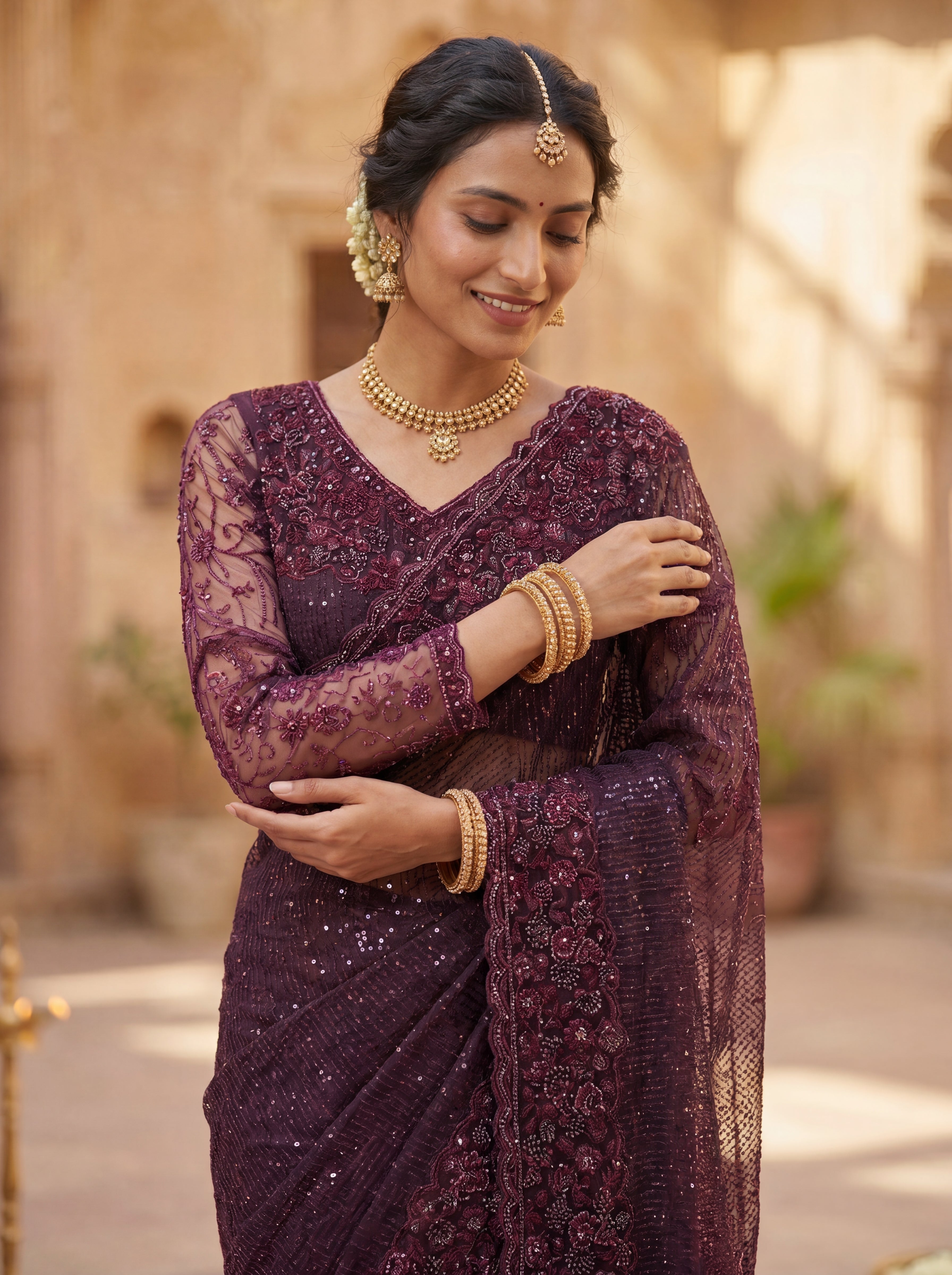 Wine Luxe Net Saree with Sequins, Beads & Embroidered Work