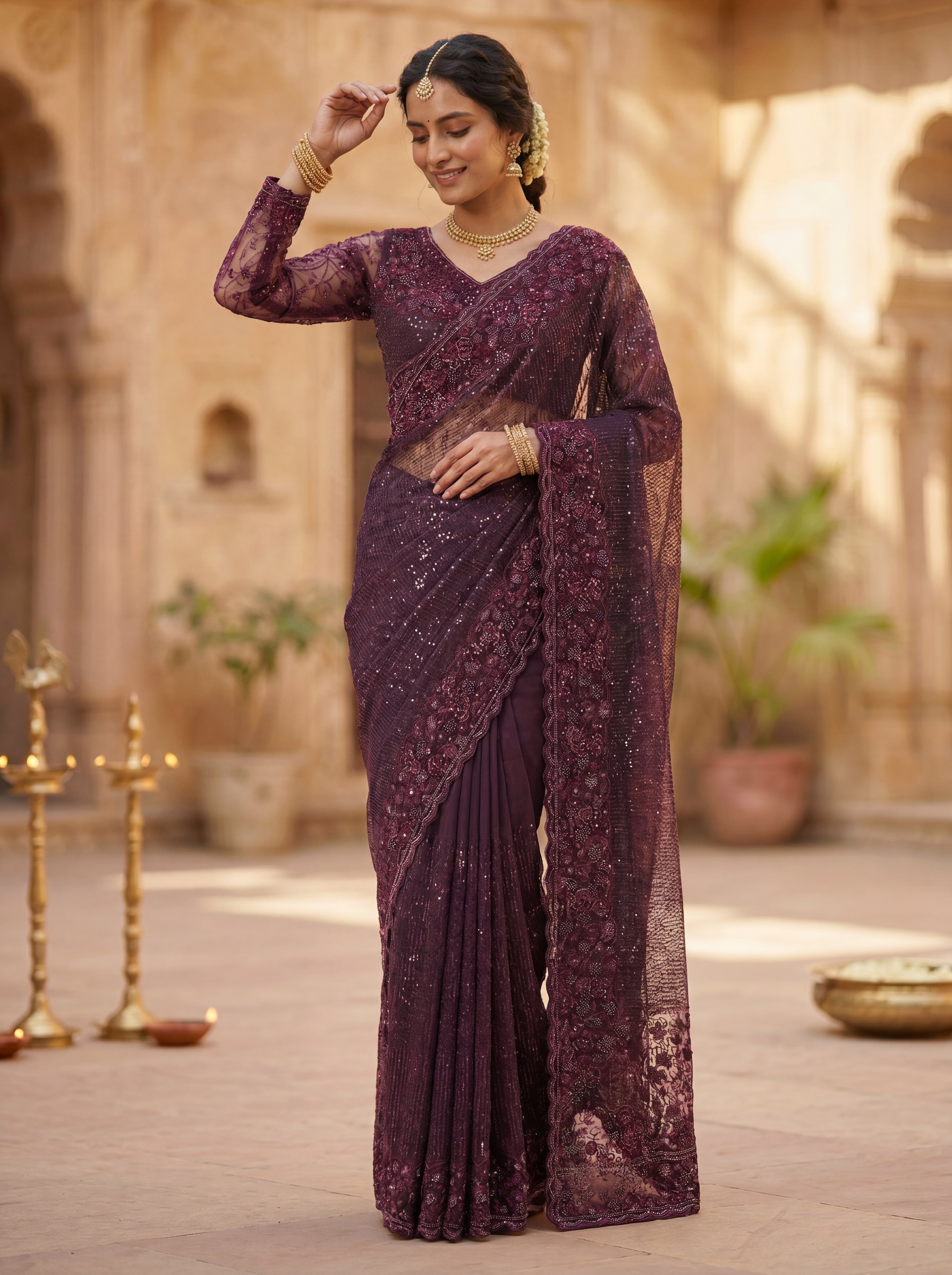 Wine Luxe Net Saree with Sequins, Beads & Embroidered Work