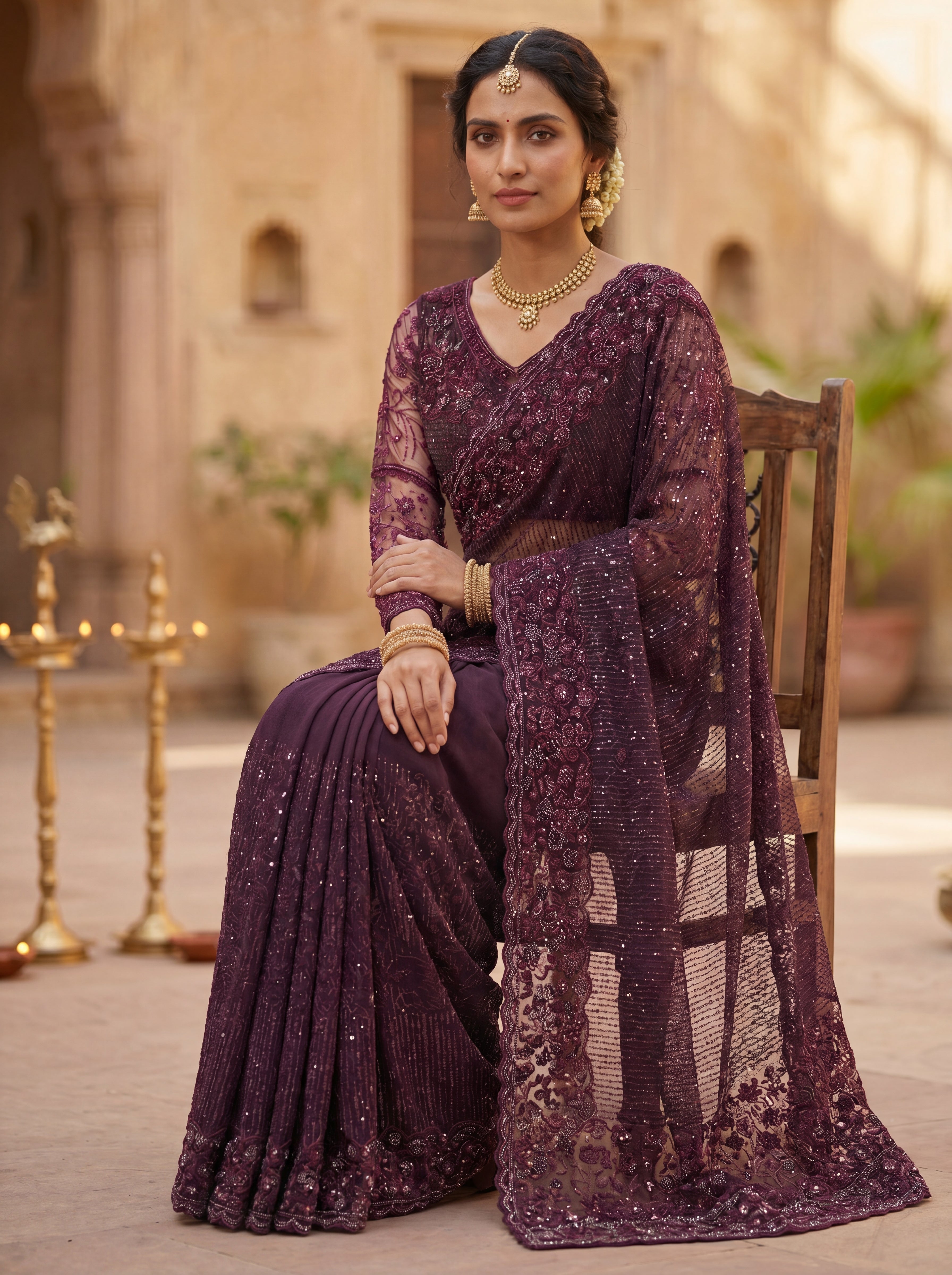 Wine Luxe Net Saree with Sequins, Beads & Embroidered Work