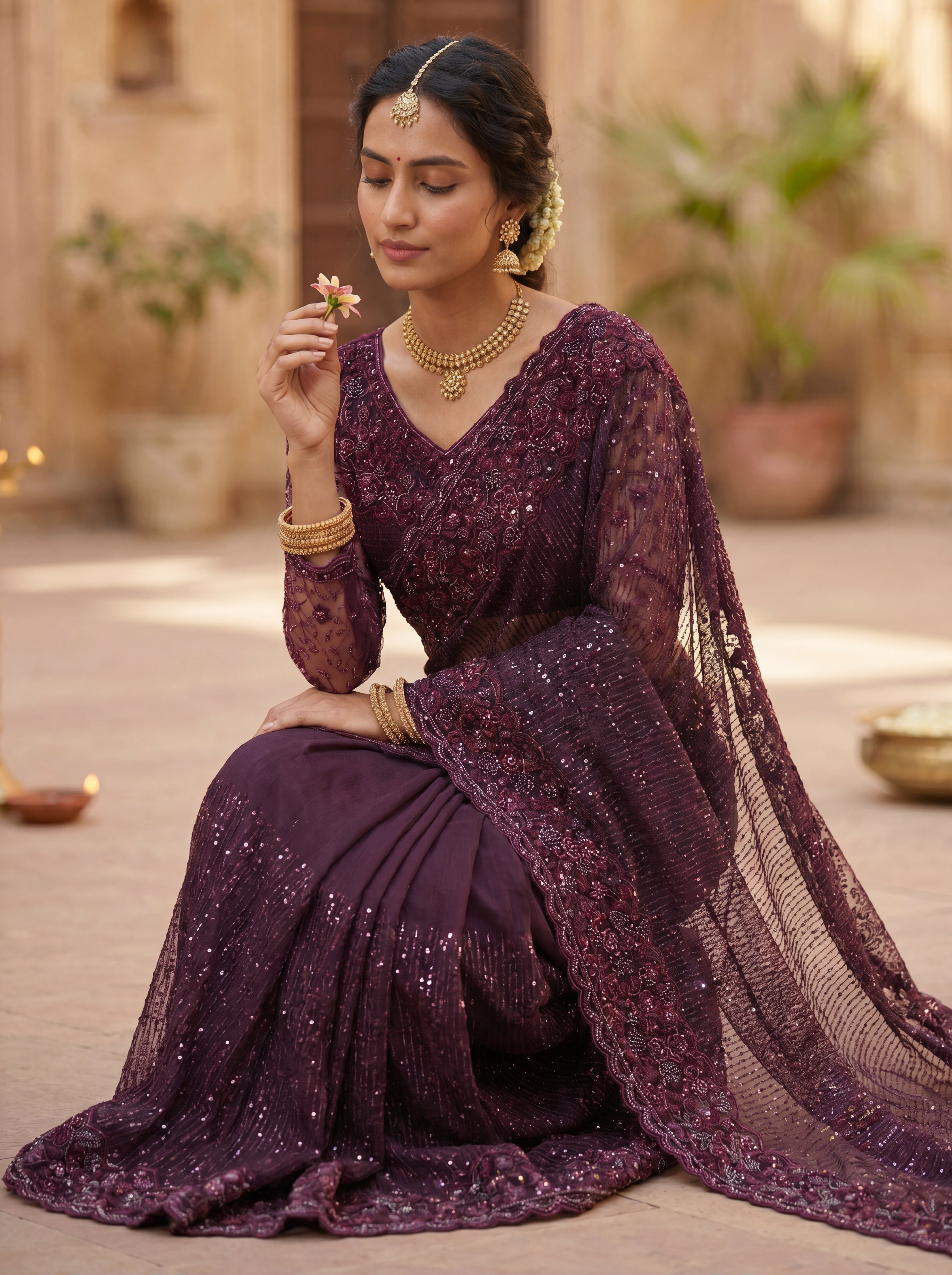 Wine Luxe Net Saree with Sequins, Beads & Embroidered Work