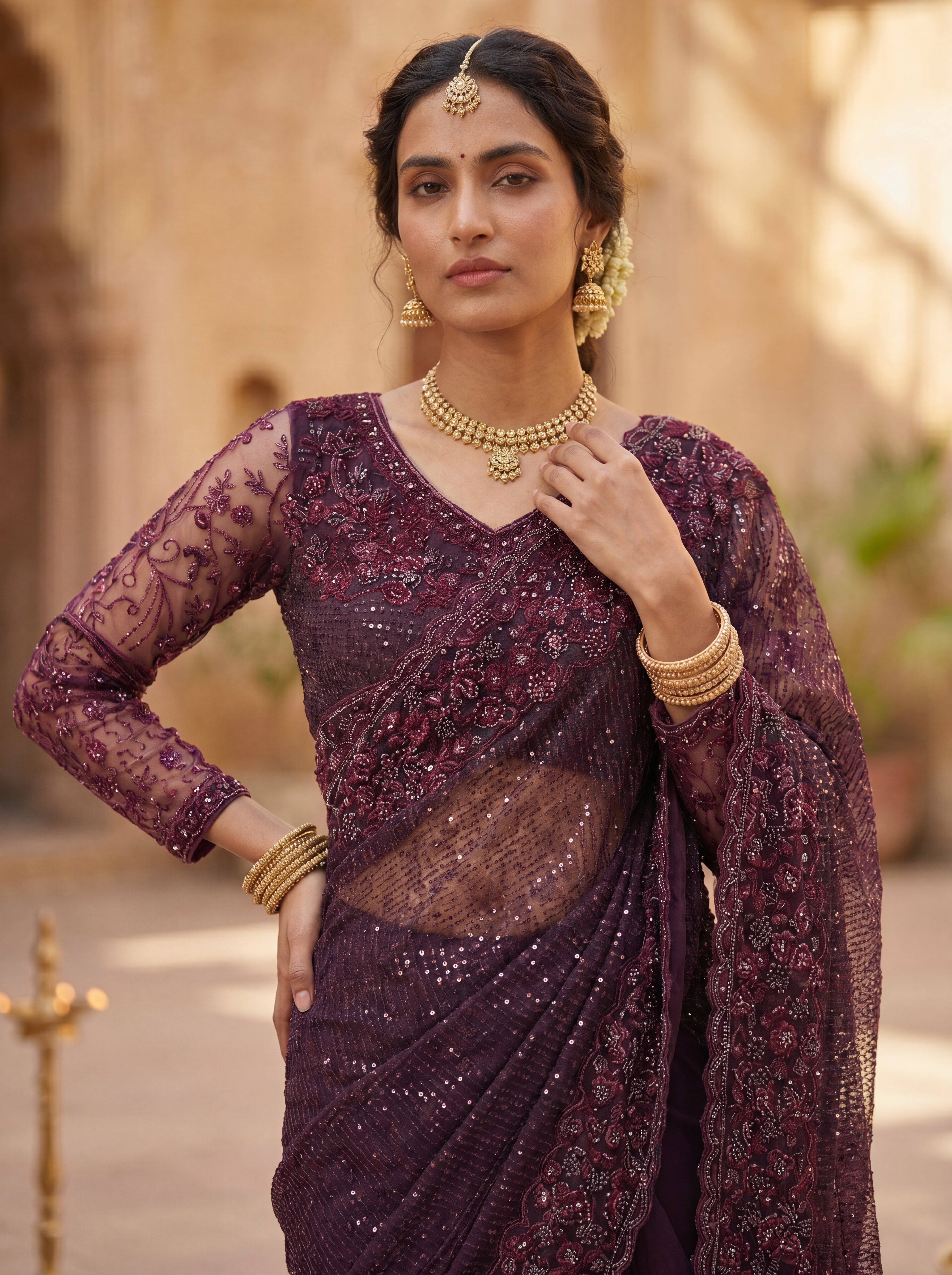 Wine Luxe Net Saree with Sequins, Beads & Embroidered Work