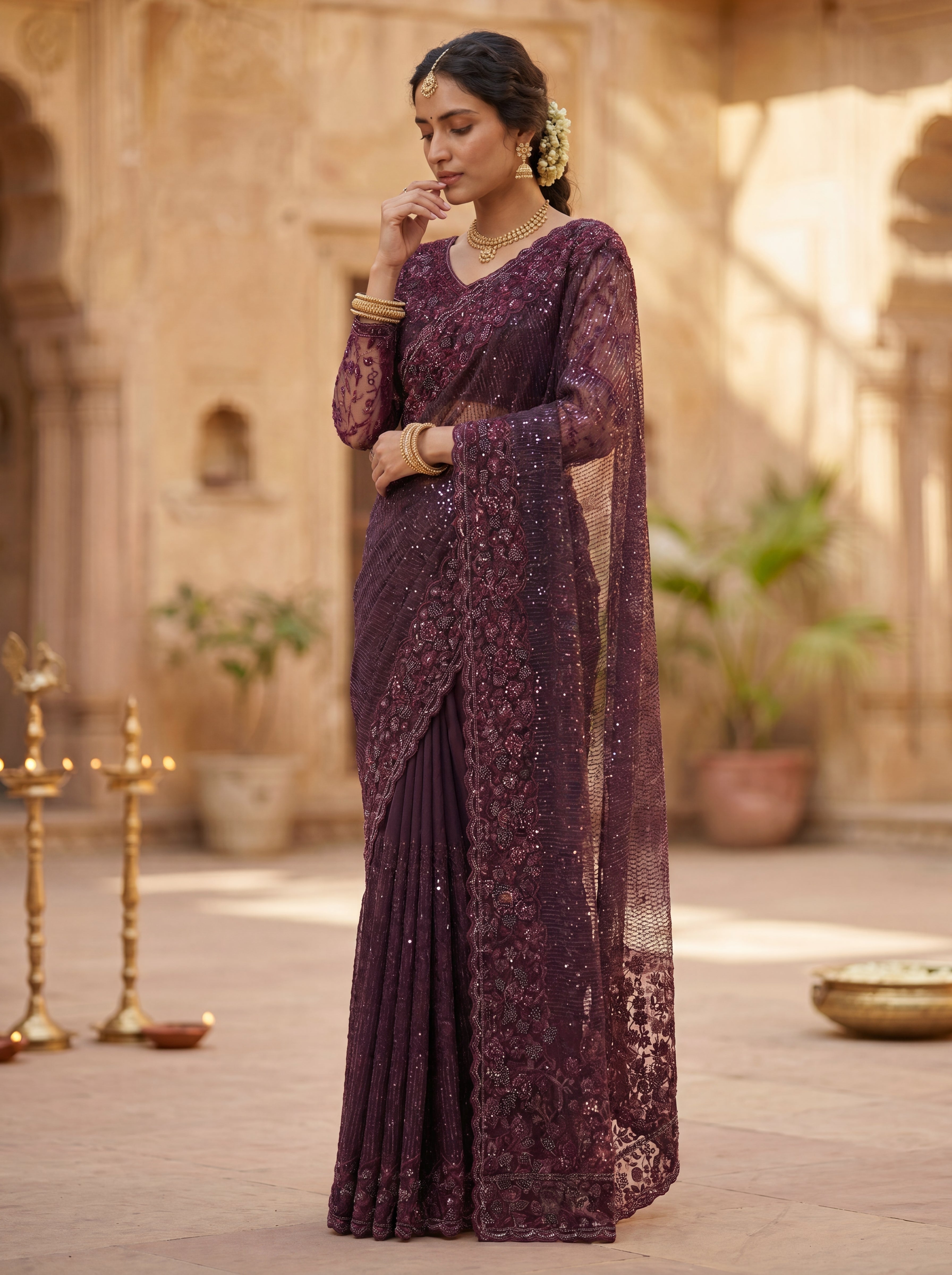 Wine Luxe Net Saree with Sequins, Beads & Embroidered Work