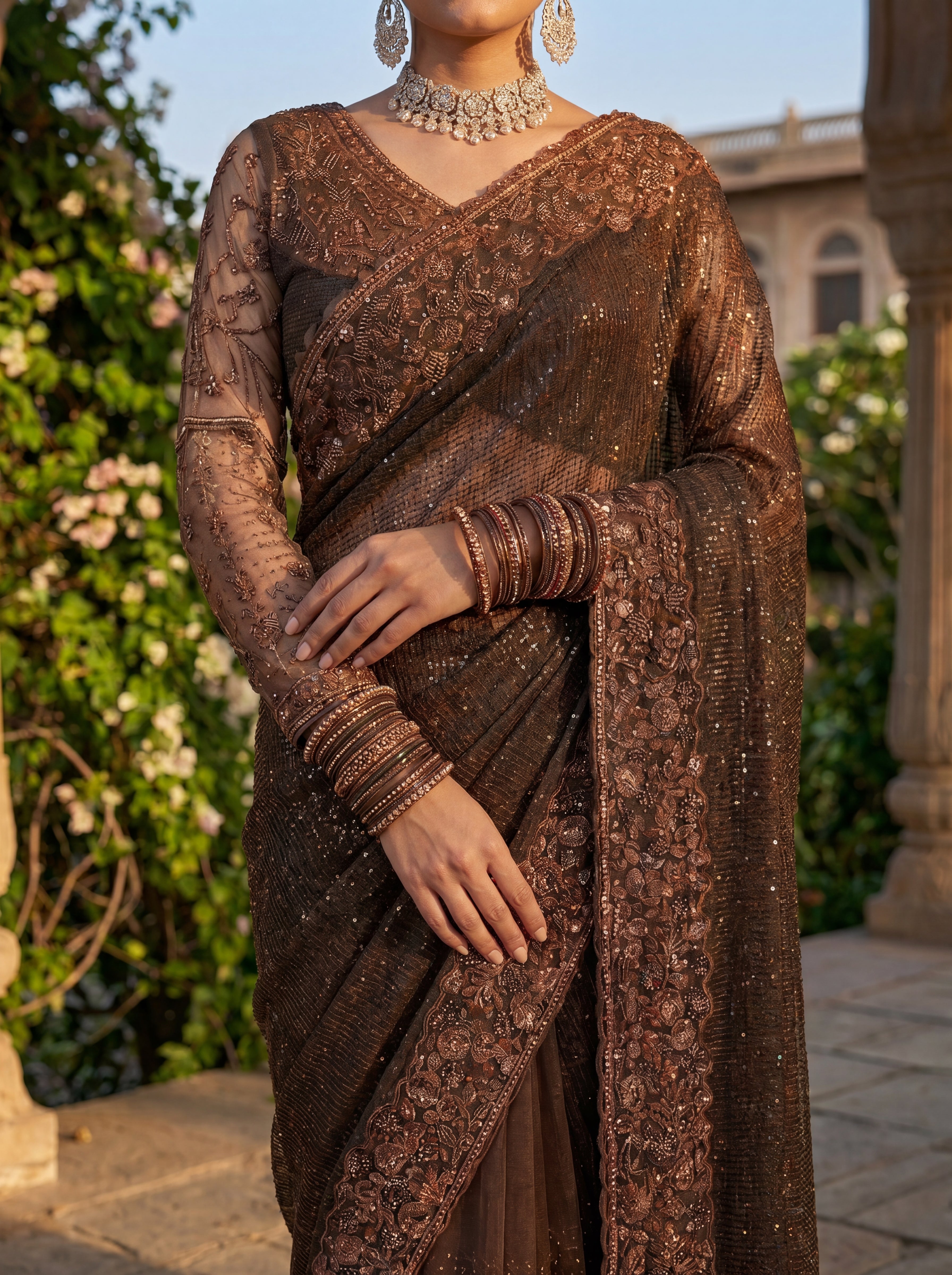 Brown Luxe Net Saree with Sequins, Beads & Embroidered Work