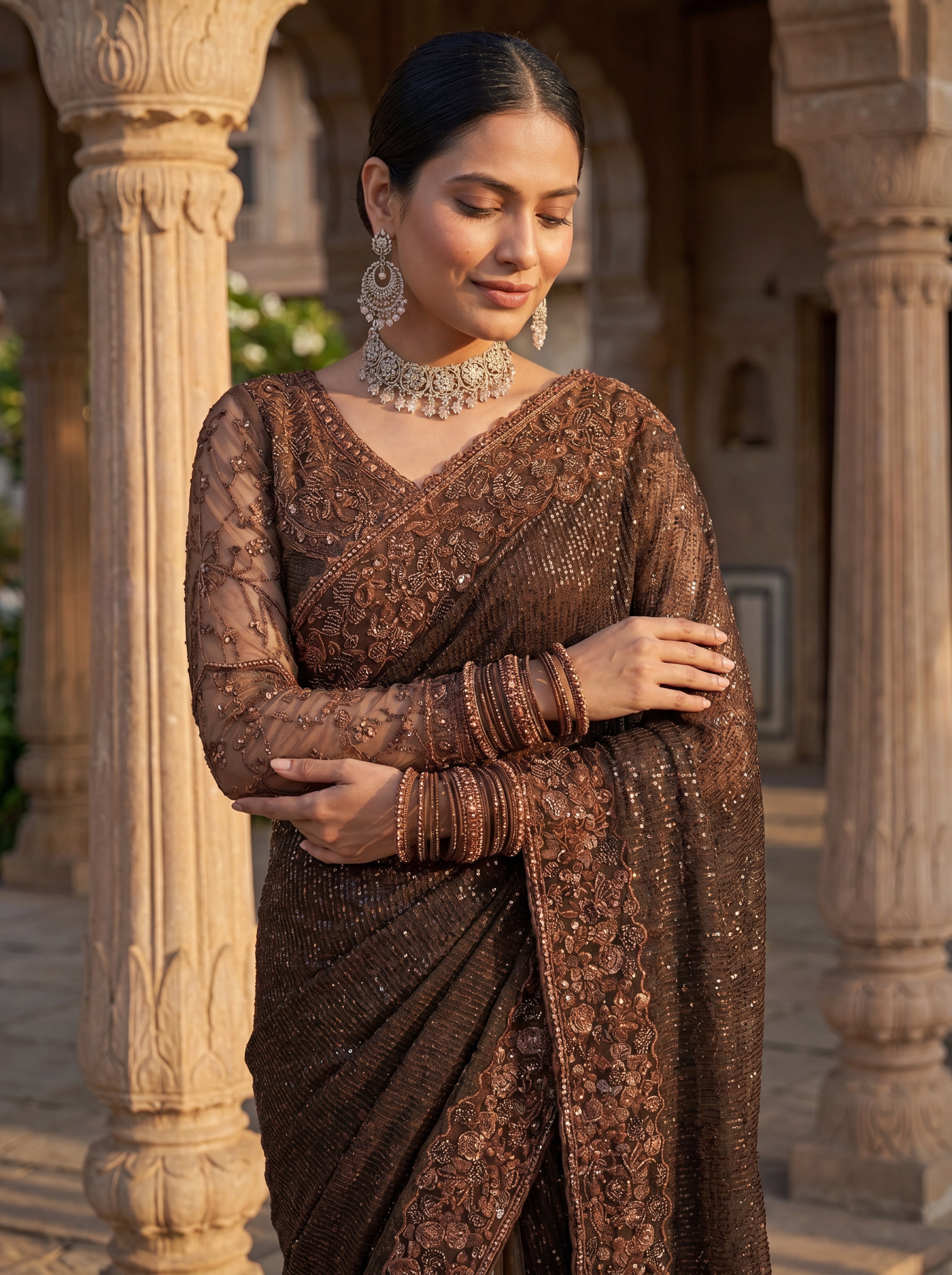 Brown Luxe Net Saree with Sequins, Beads & Embroidered Work