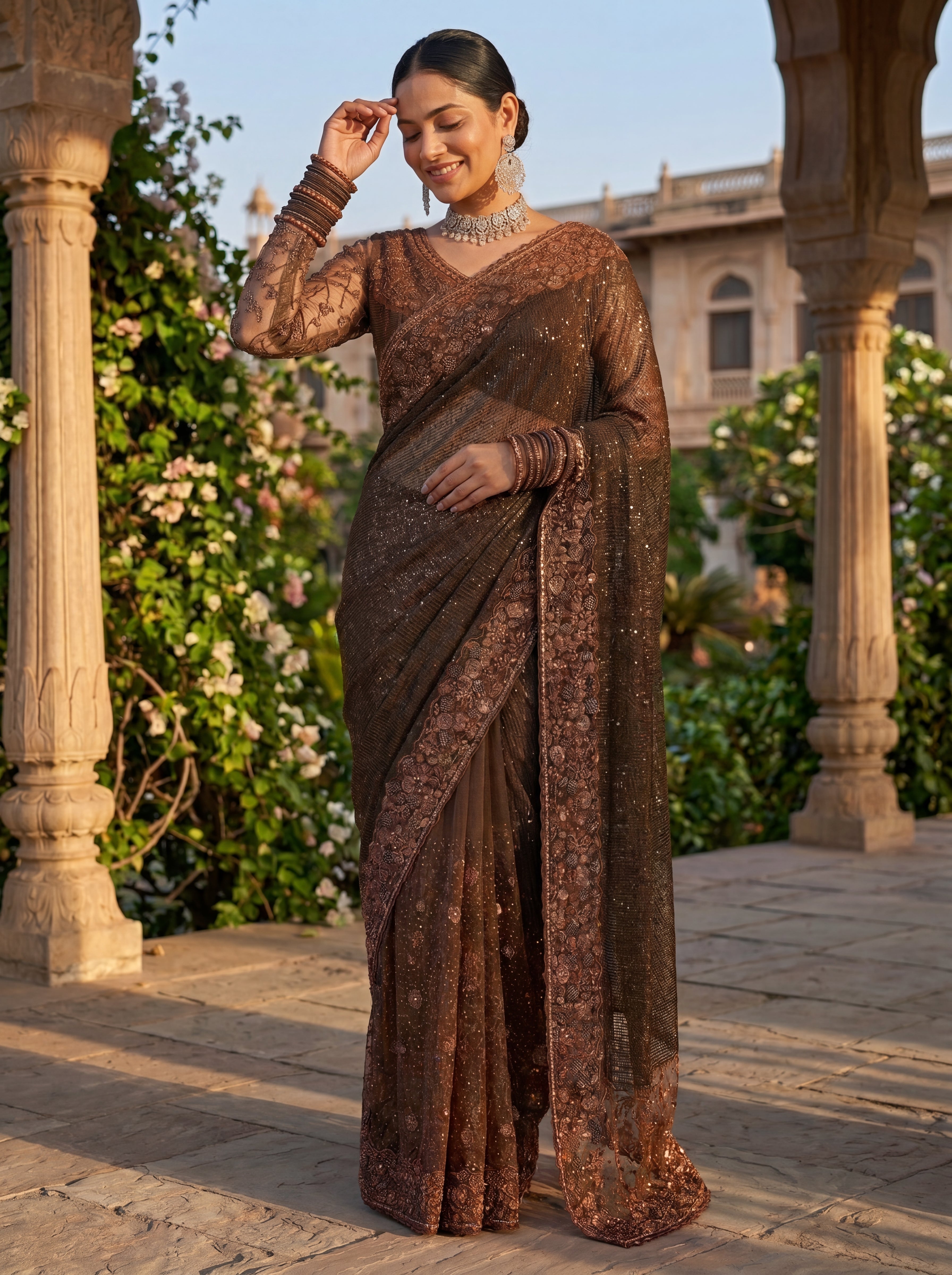Brown Luxe Net Saree with Sequins, Beads & Embroidered Work