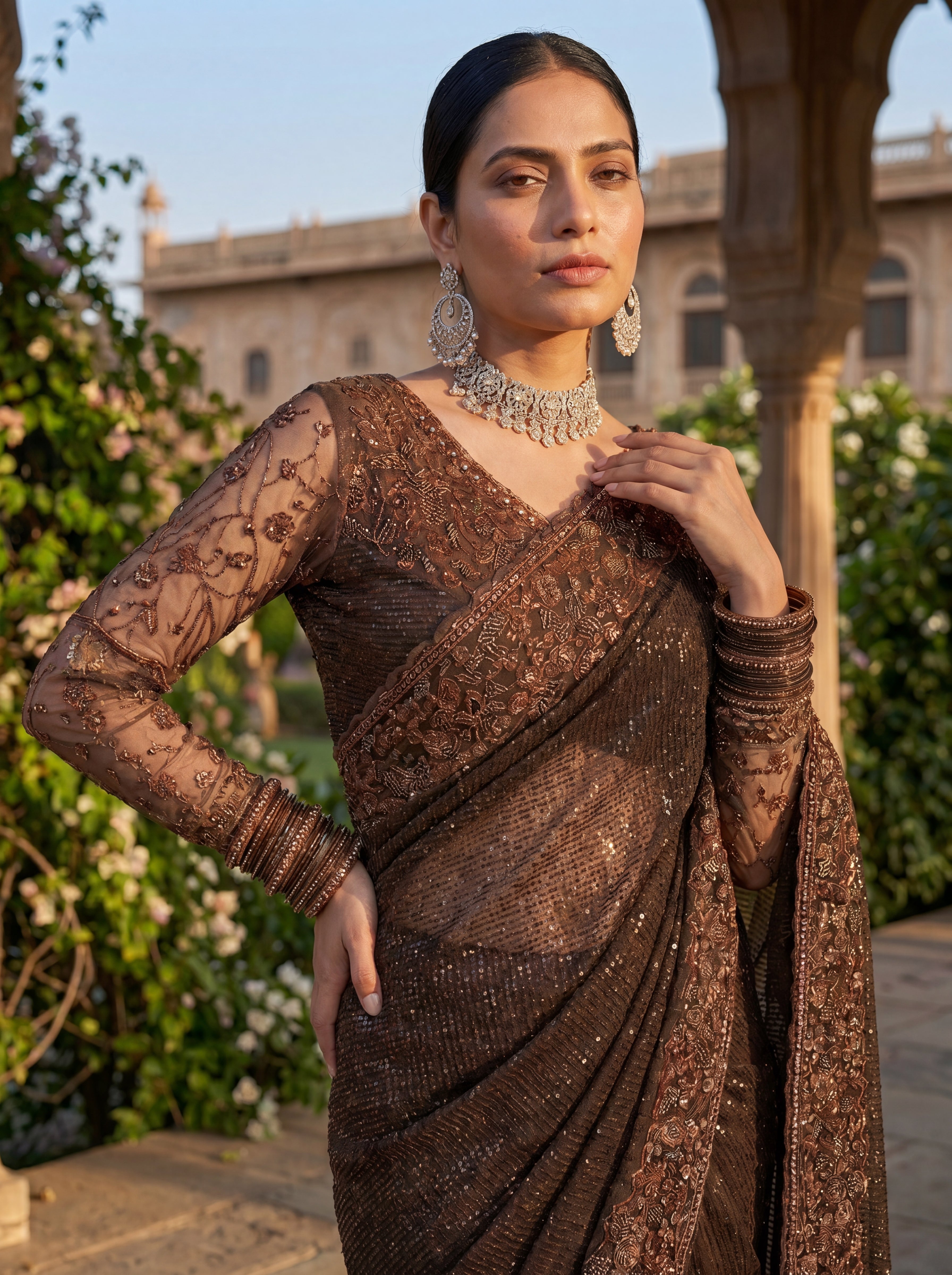 Brown Luxe Net Saree with Sequins, Beads & Embroidered Work