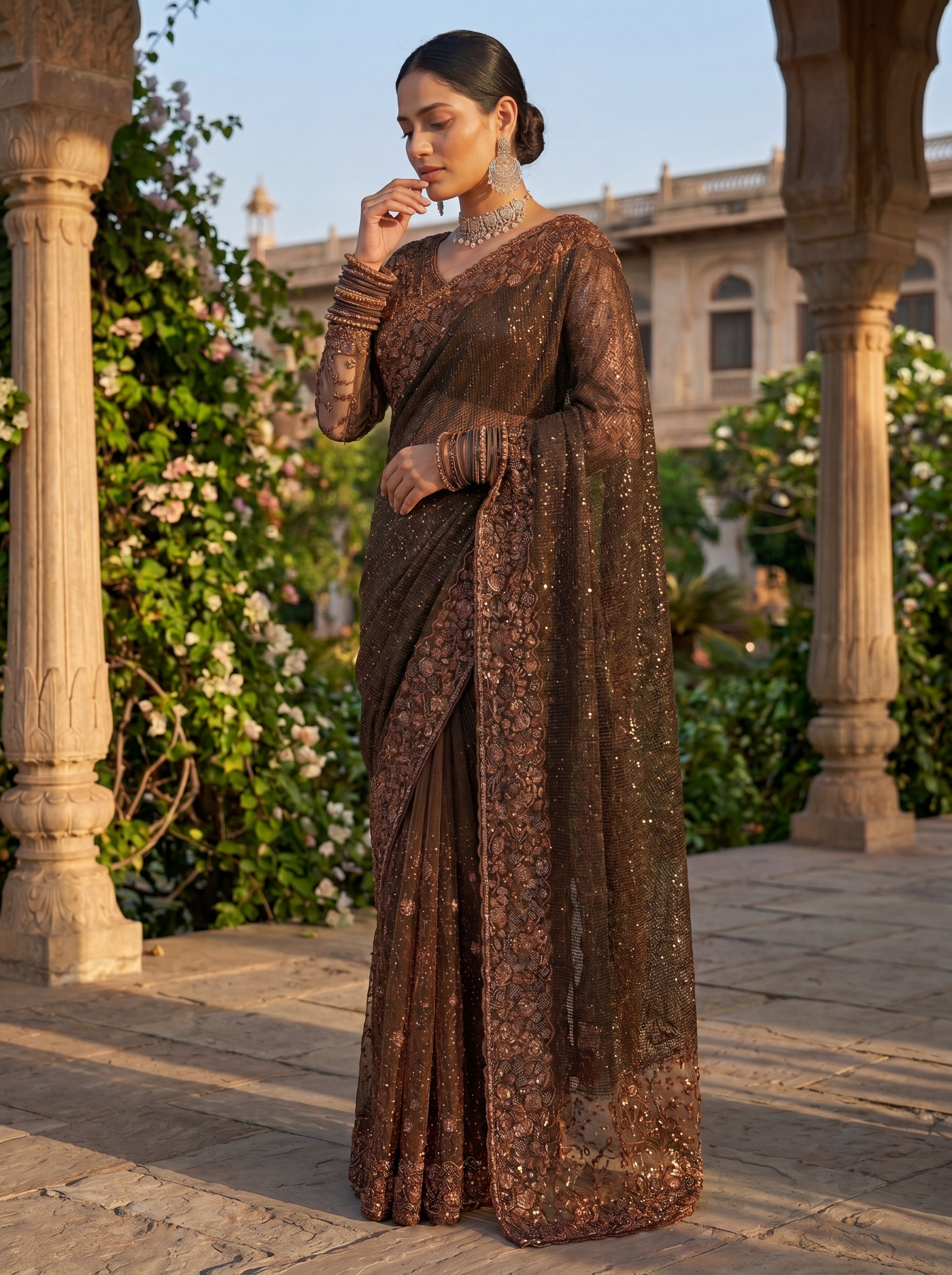 Brown Luxe Net Saree with Sequins, Beads & Embroidered Work