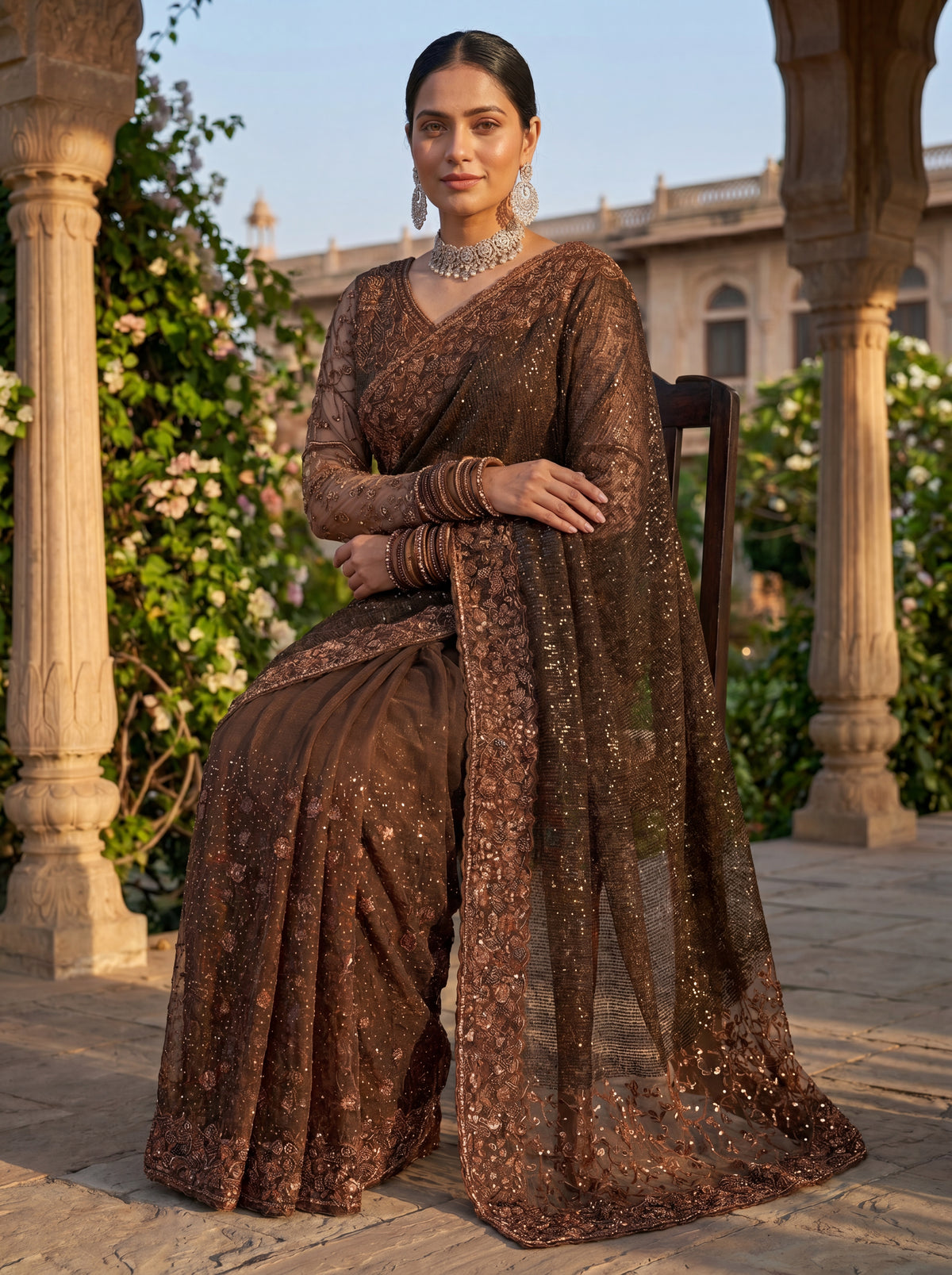 Brown Luxe Net Saree with Sequins, Beads & Embroidered Work