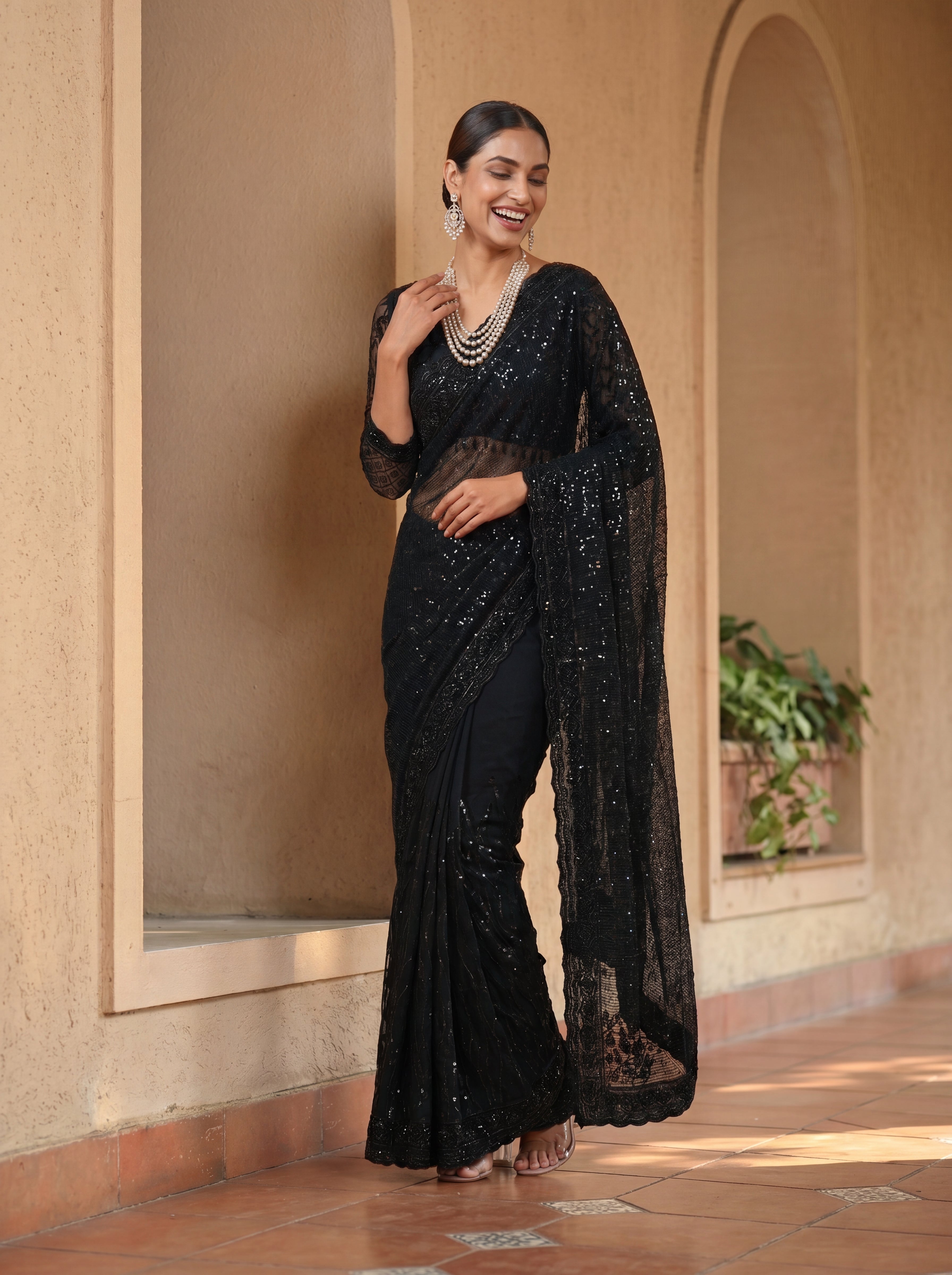 Elegant Ebony Black Saree with Handcrafted Beads and Sequins Work