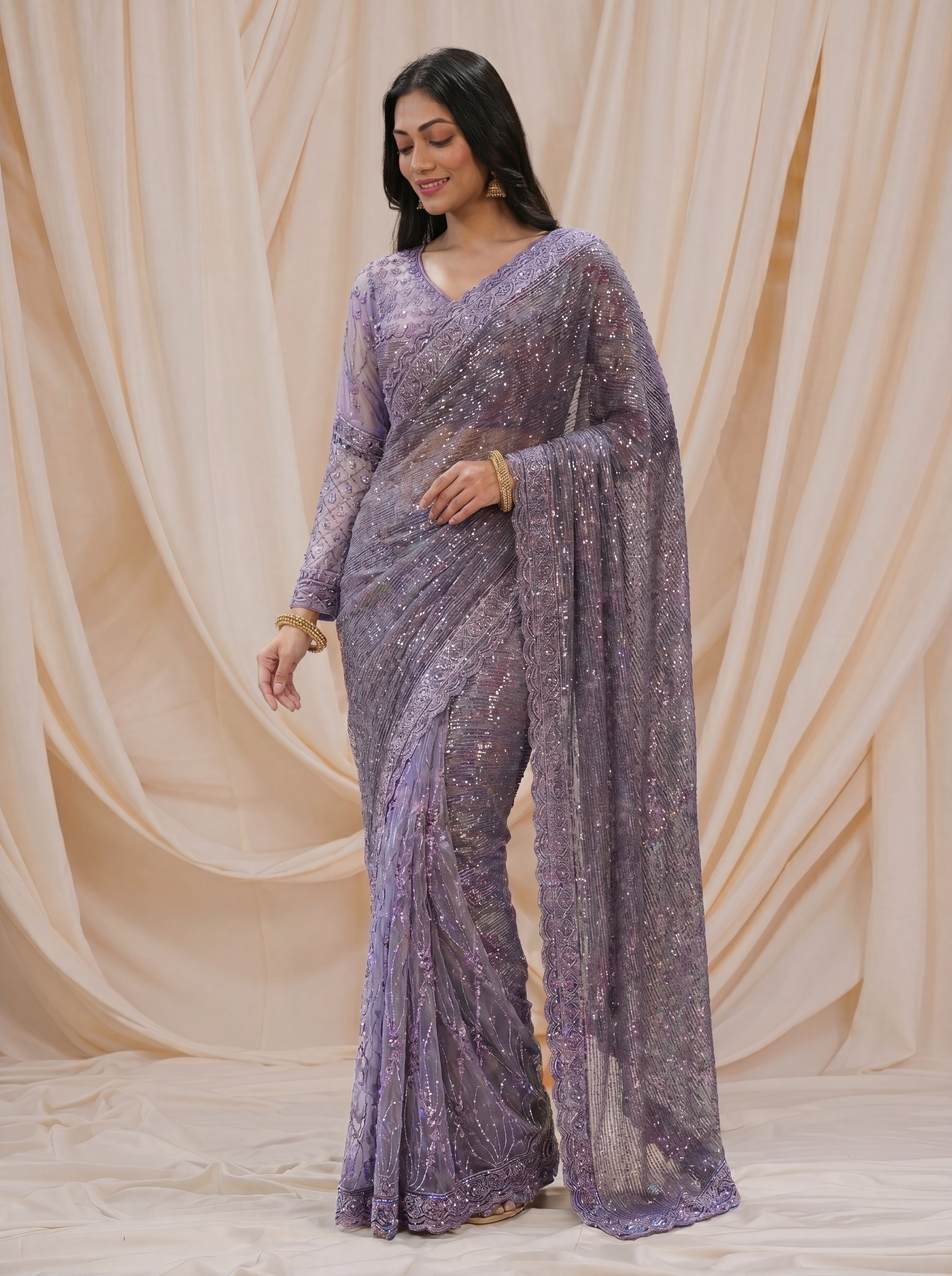 Elegant Ebony Lavender Saree with Handcrafted Beads and Sequins Work