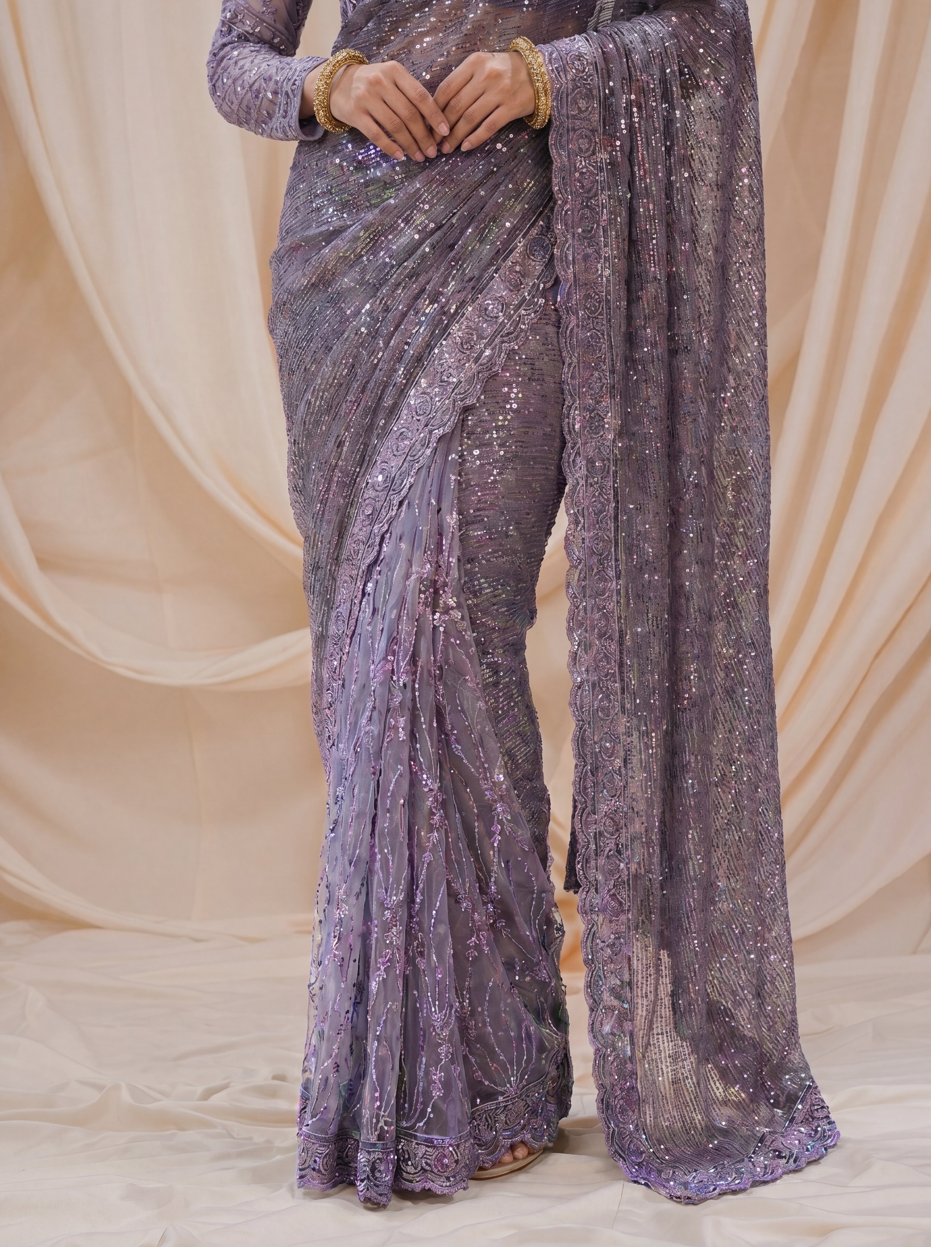 Elegant Ebony Lavender Saree with Handcrafted Beads and Sequins Work